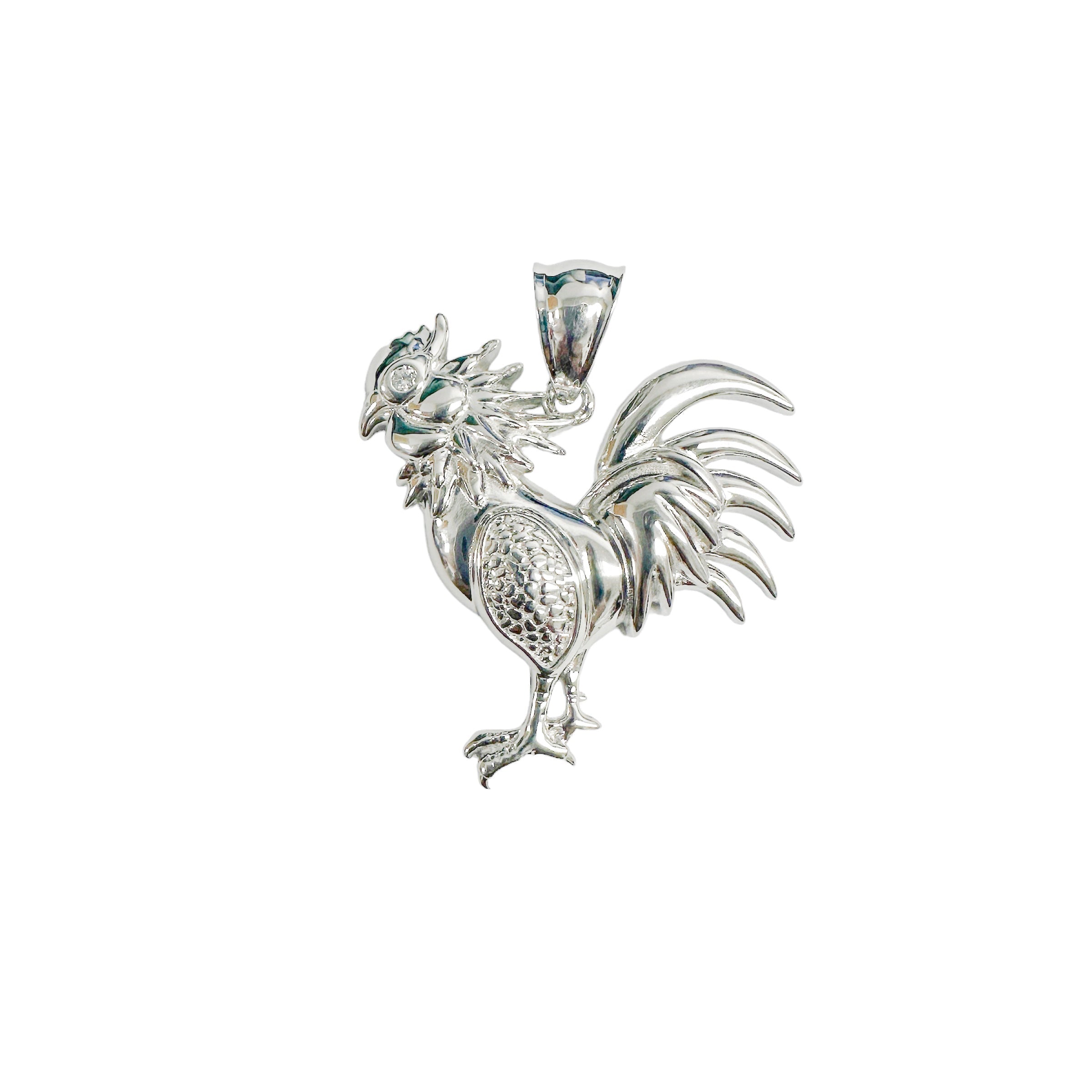 Rhodium Plated 925 Sterling Silver Rooster Clear CZ Eye Pendant - SLP00414