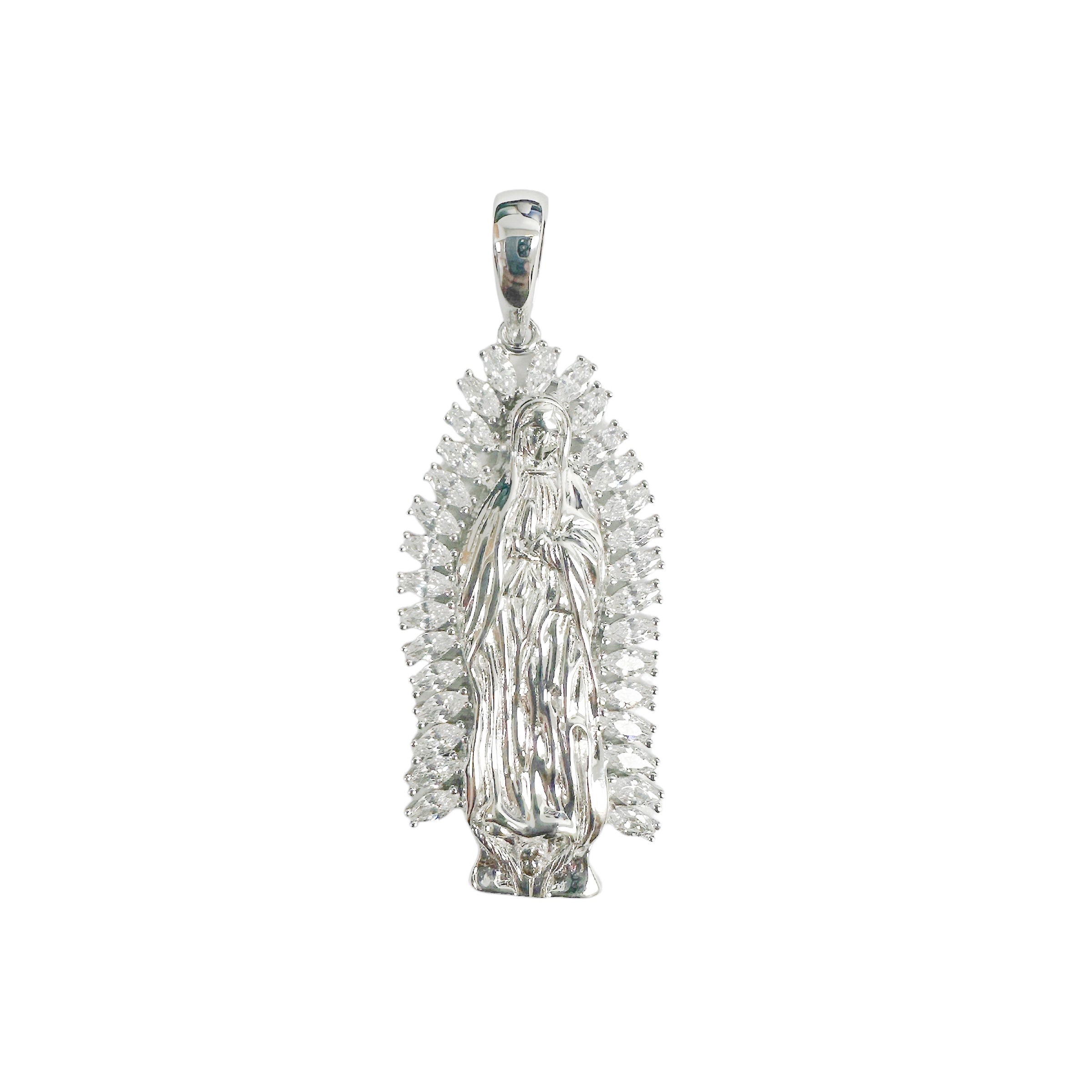 Rhodium Plated 925 Sterling Silver Our Lady Of Guadalupe Baguette Clear CZ Pendant - SLP00417