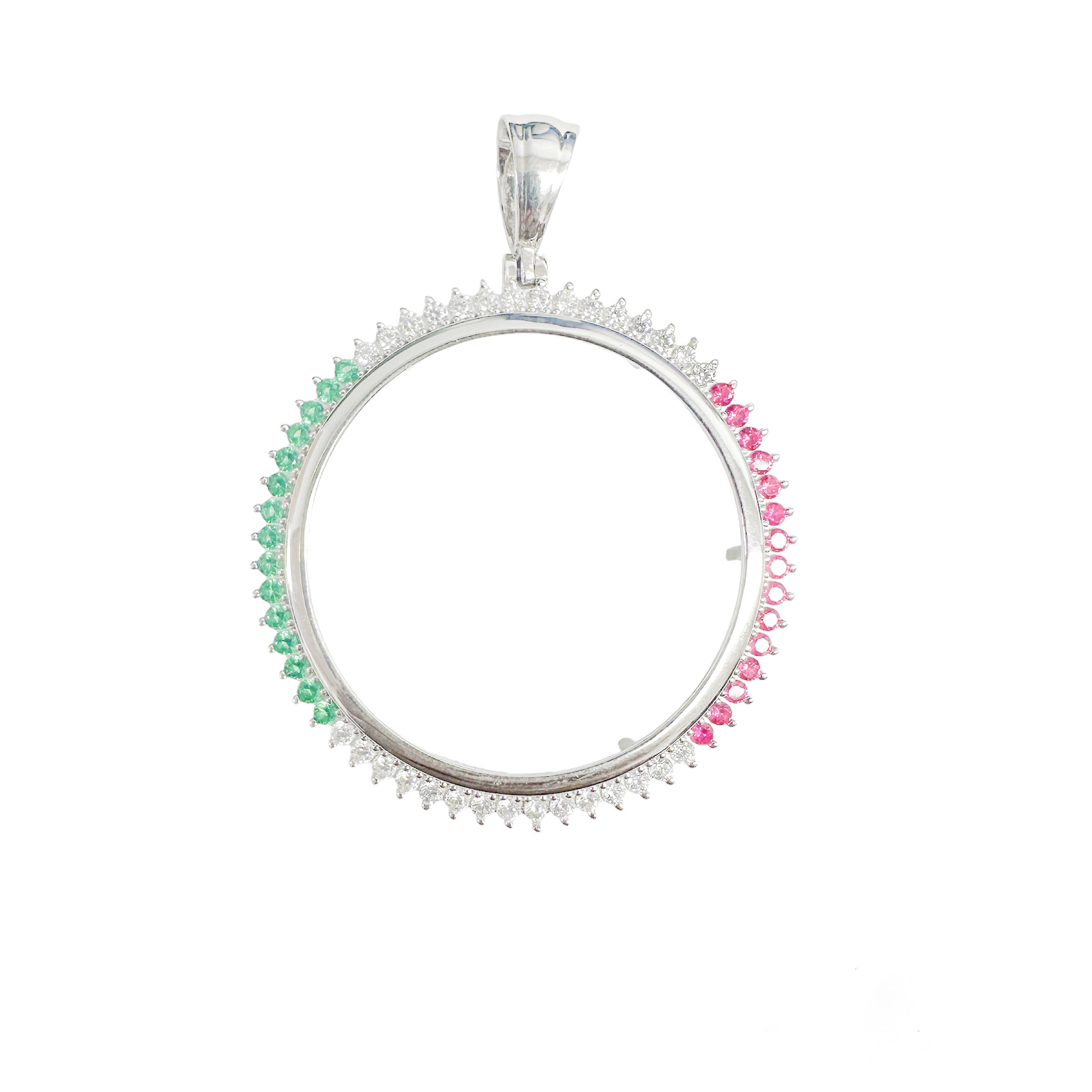 Rhodium Plated 925 Sterling Silver Bezel for Coin Clear Green and Red CZ Pendant - SLP00357