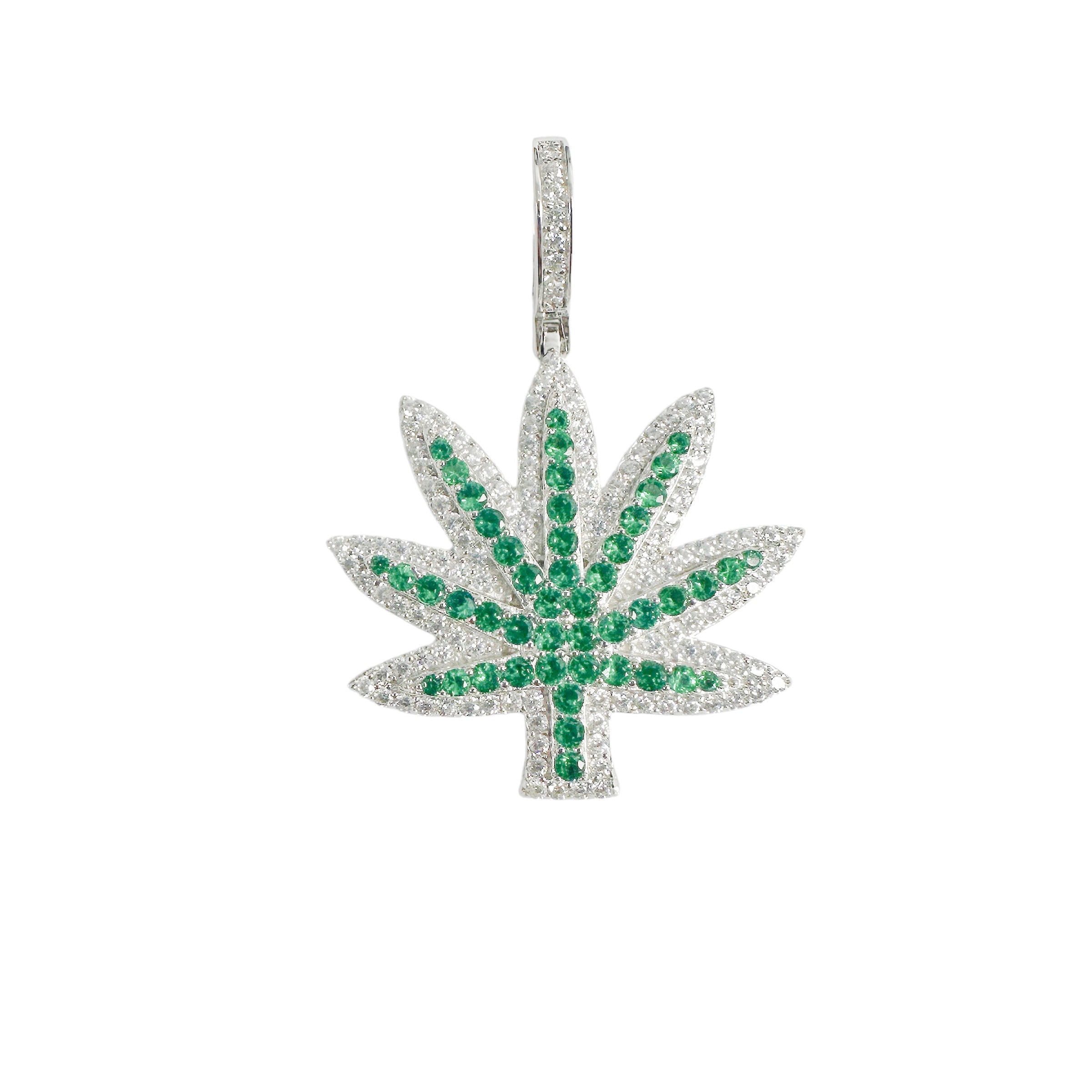 Rhodium Plated 925 Sterling Silver Marijuana Cannabis Green and Clear CZ Pendant - SLP00420