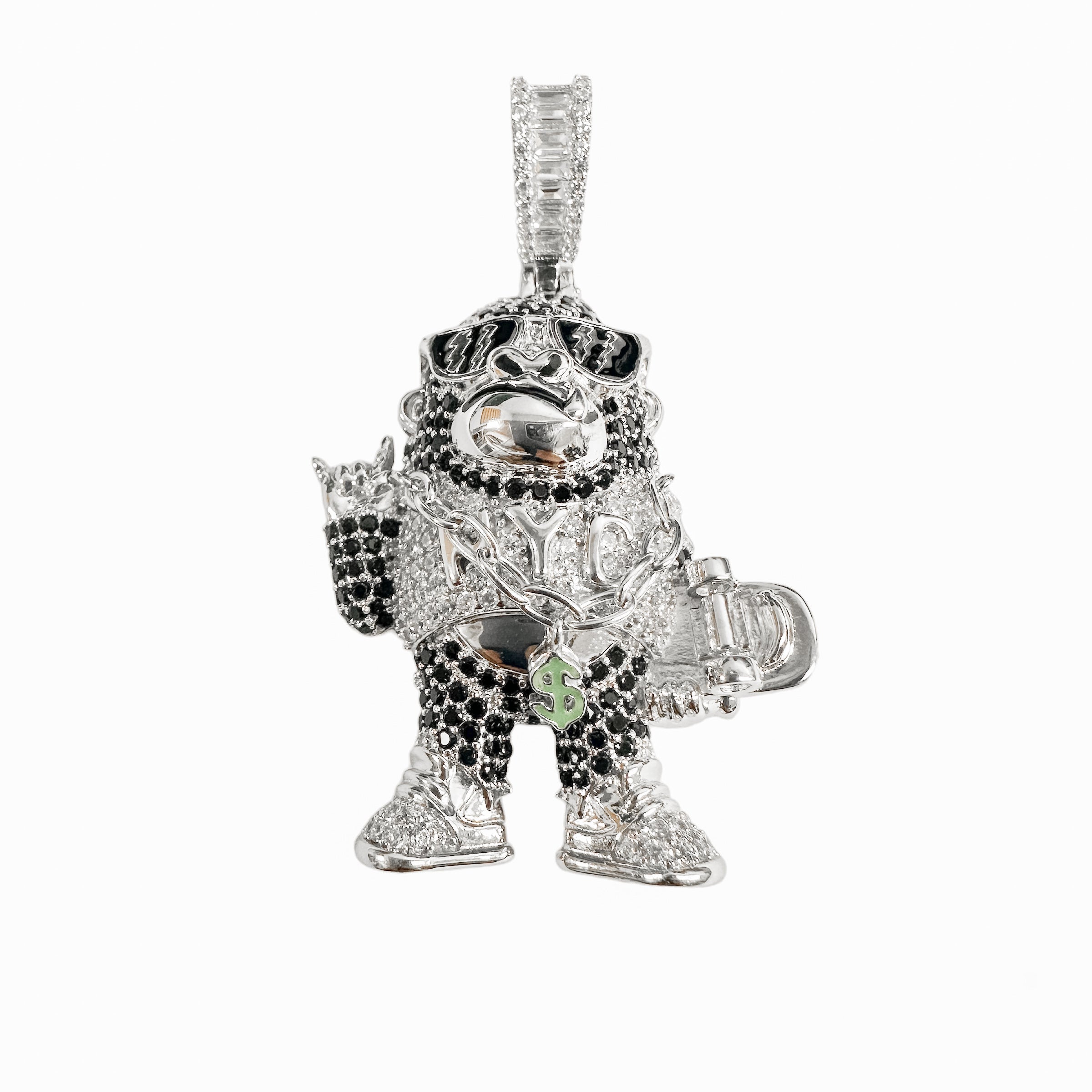 Rhodium Plated 925 Sterling Silver Hip-Hop Skater Money Clear CZ Black Enamel Pendant - SLP00367