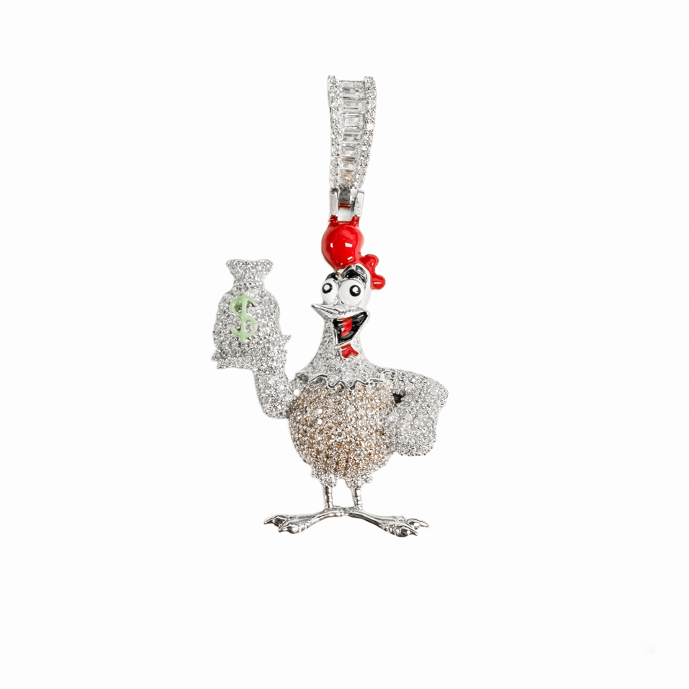 Rhodium Plated 925 Sterling Silver Chicken Money Bag Brown Clear CZ Red and Green Enamel Pendant - SLP00396