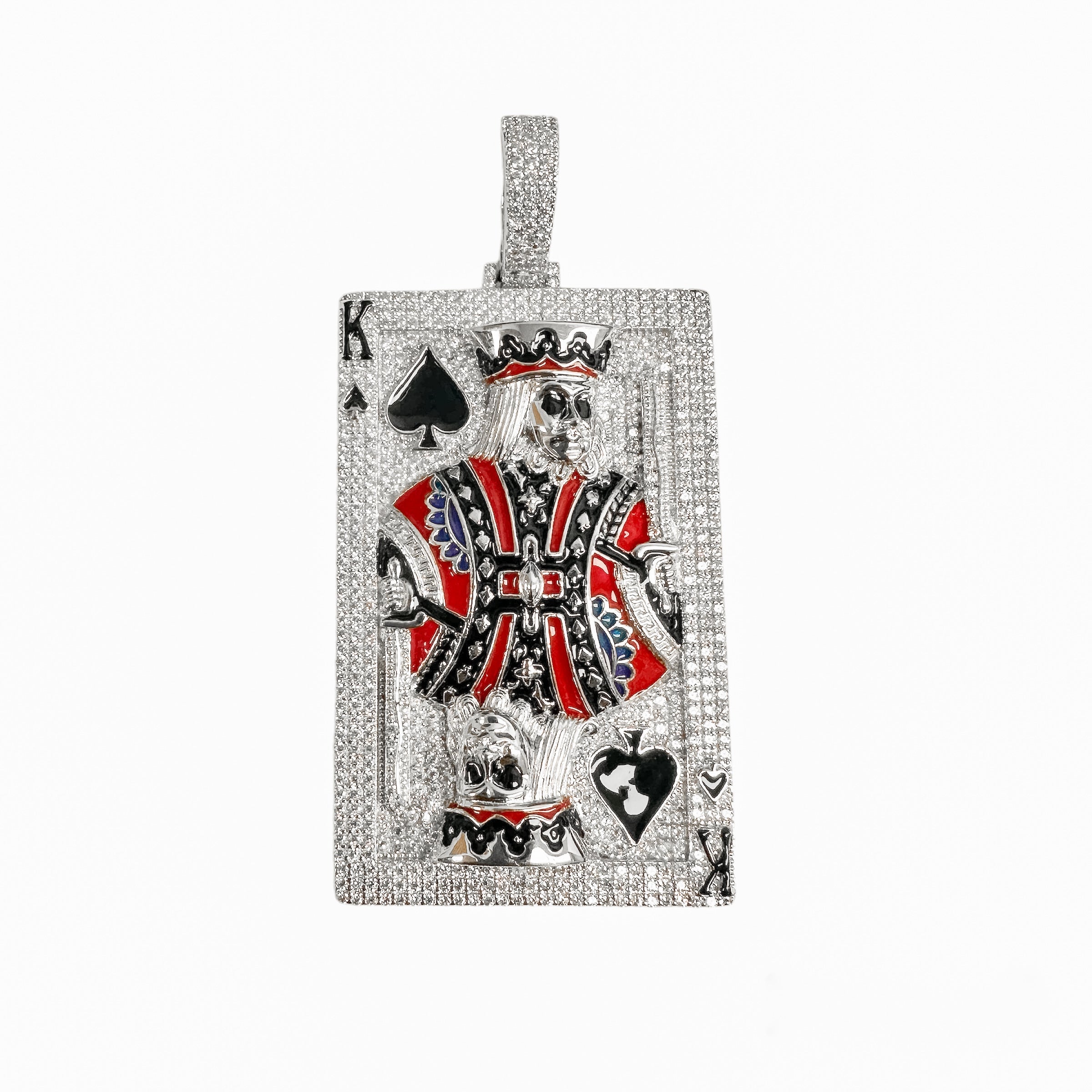 Rhodium Plated 925 Sterling Silver King of Spades Clear CZ Black and Red Enamel Pendant - SLP00363