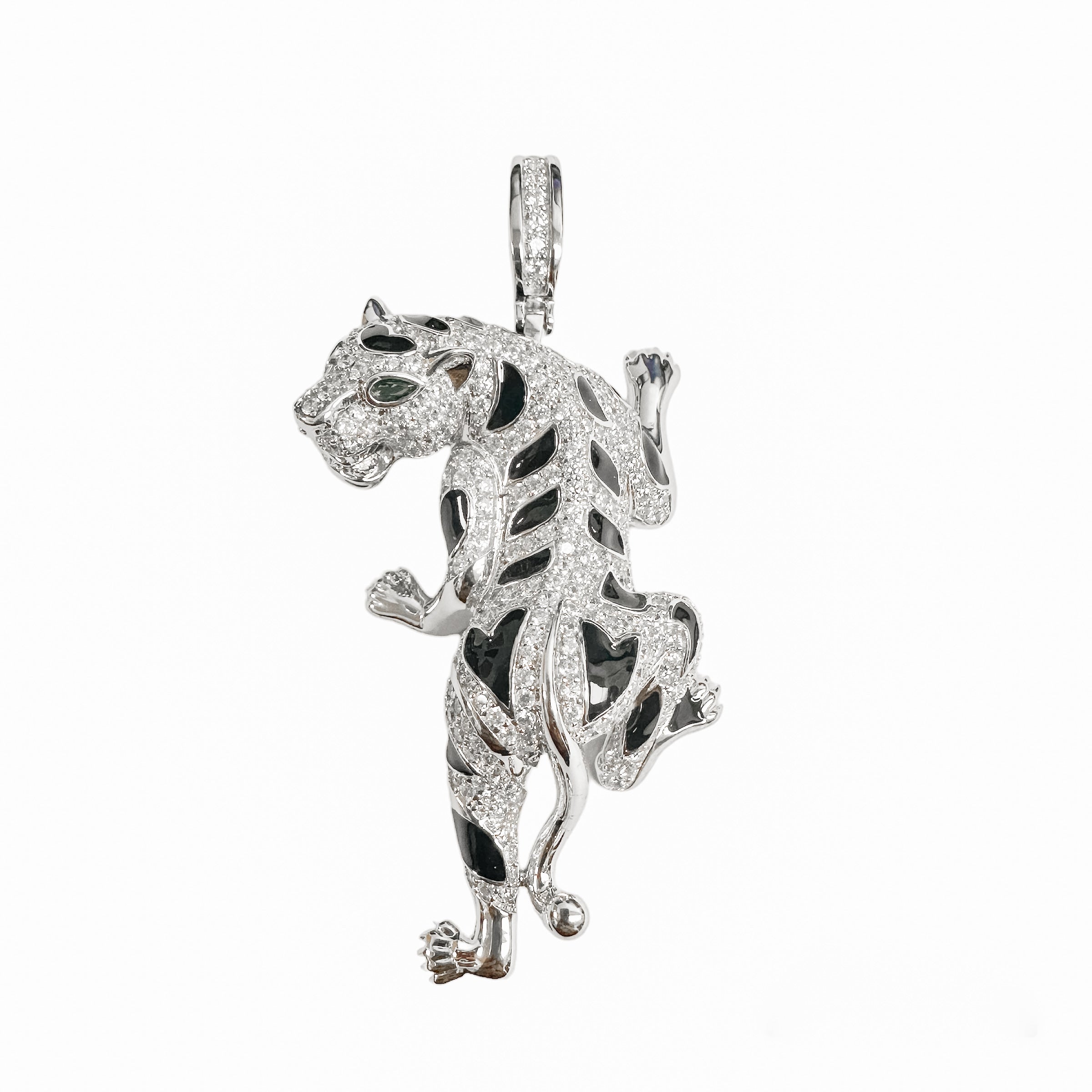 Rhodium Plated 925 Sterling Silver Cheetah Clear CZ Black Enamel Pendant - SLP00368