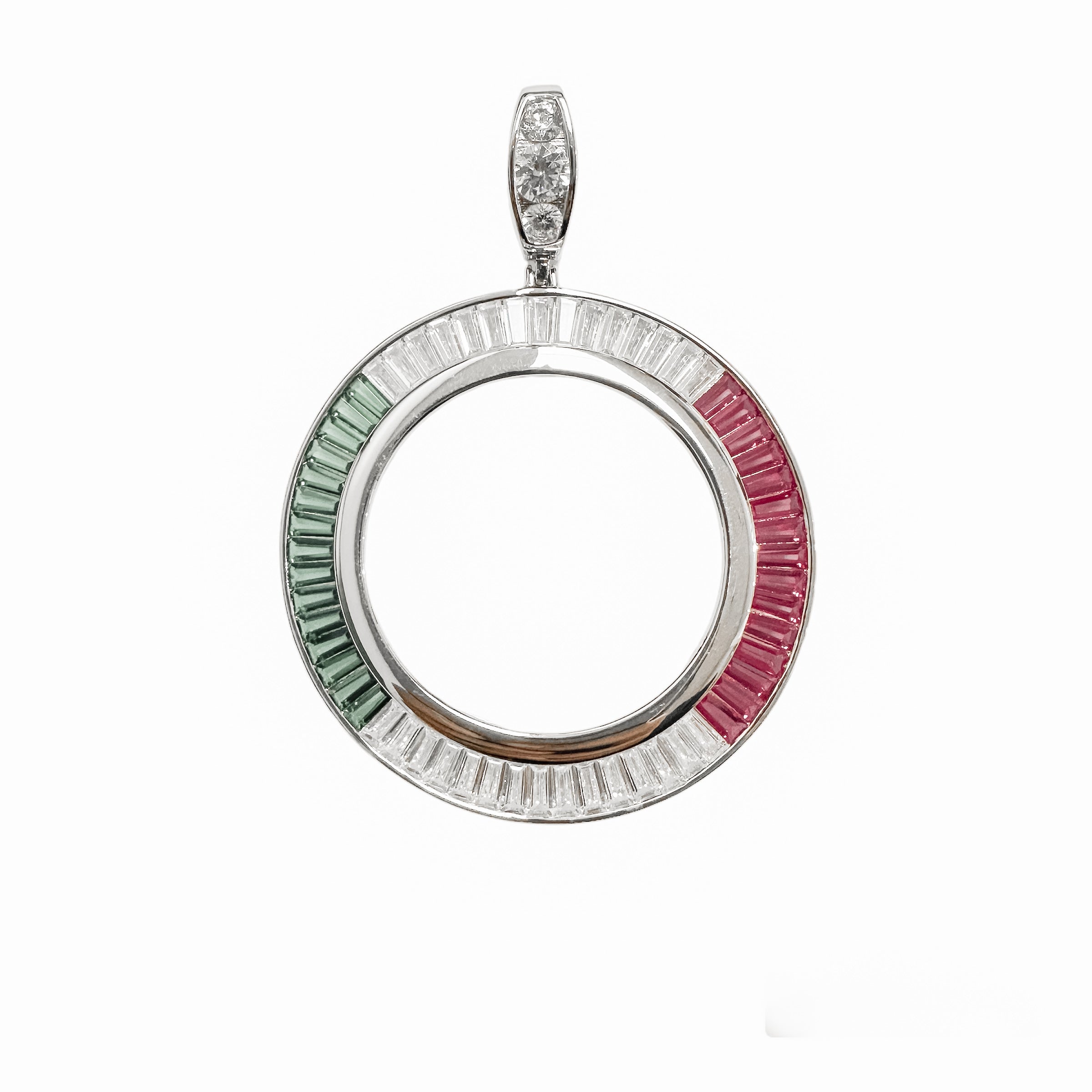 Rhodium Plated 925 Sterling Silver Bezel for Coin Baguette Clear Green and Red CZ Pendant - SLP00356