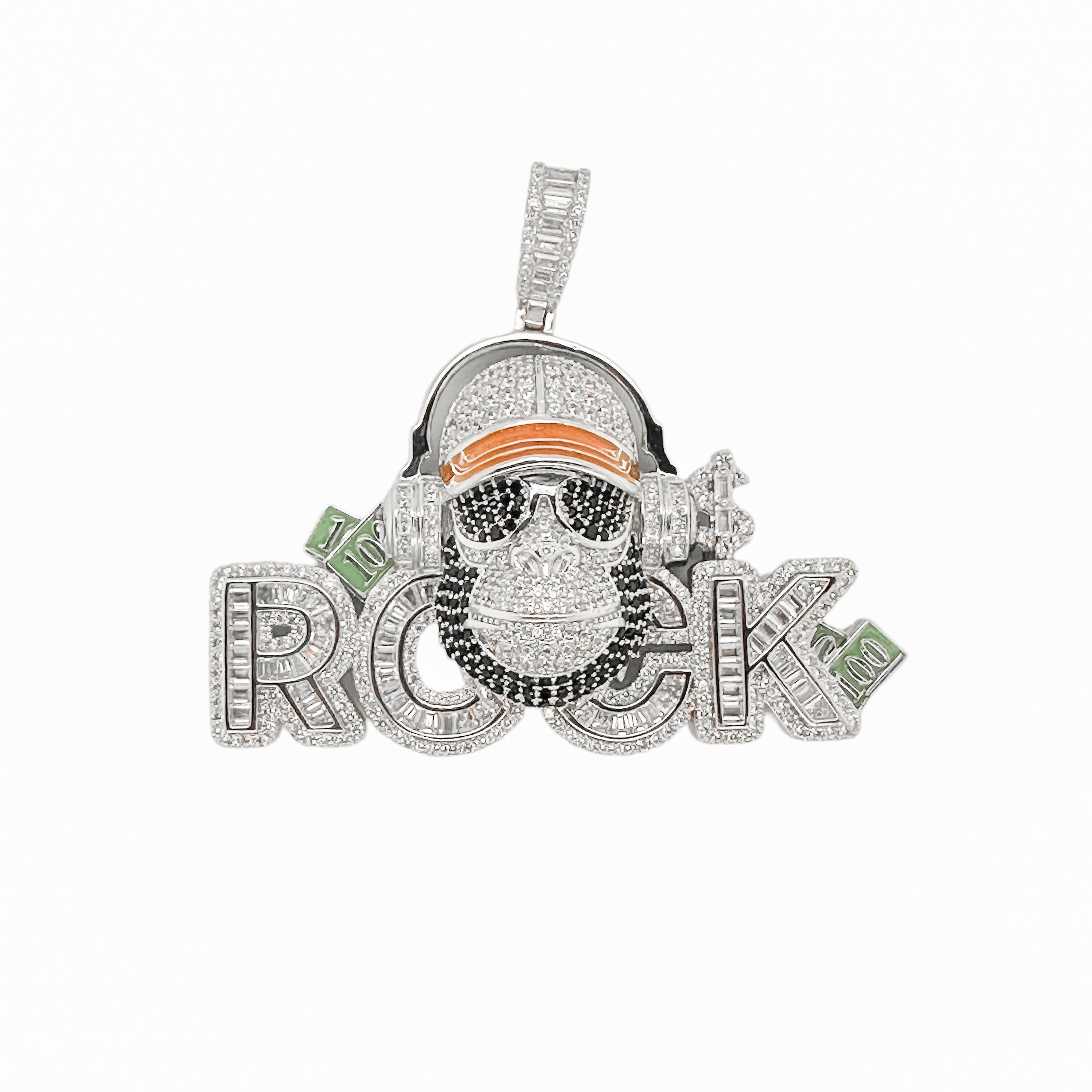 Rhodium Plated 925 Sterling Silver Hip-Hop Rock Monkey Ape Enamel Green and Clear CZ Pendant - SLP00377