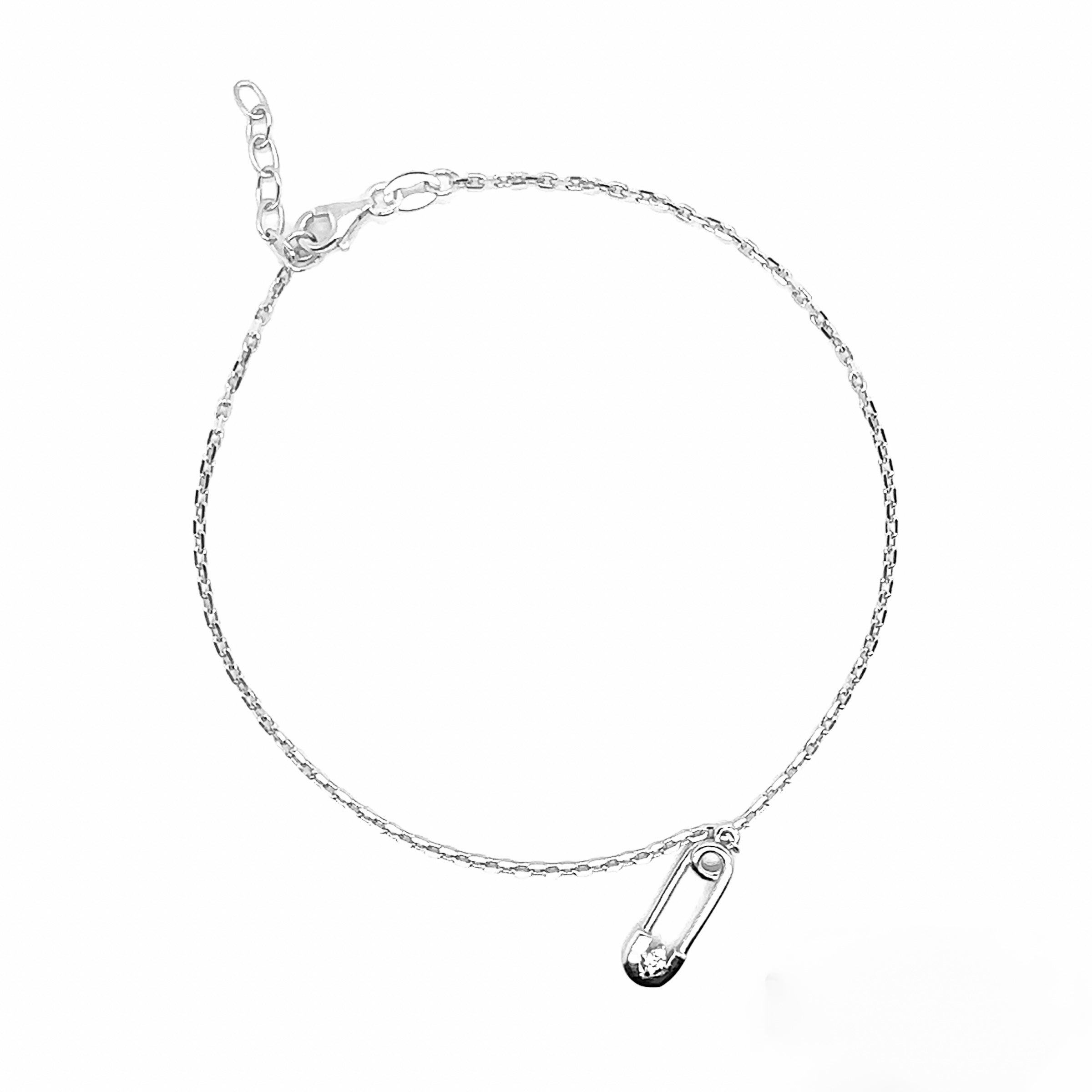 Rhodium Plated 925 Sterling Silver Cable Safety Pin Charm Clear CZ Adjustable Anklet - SOA00032