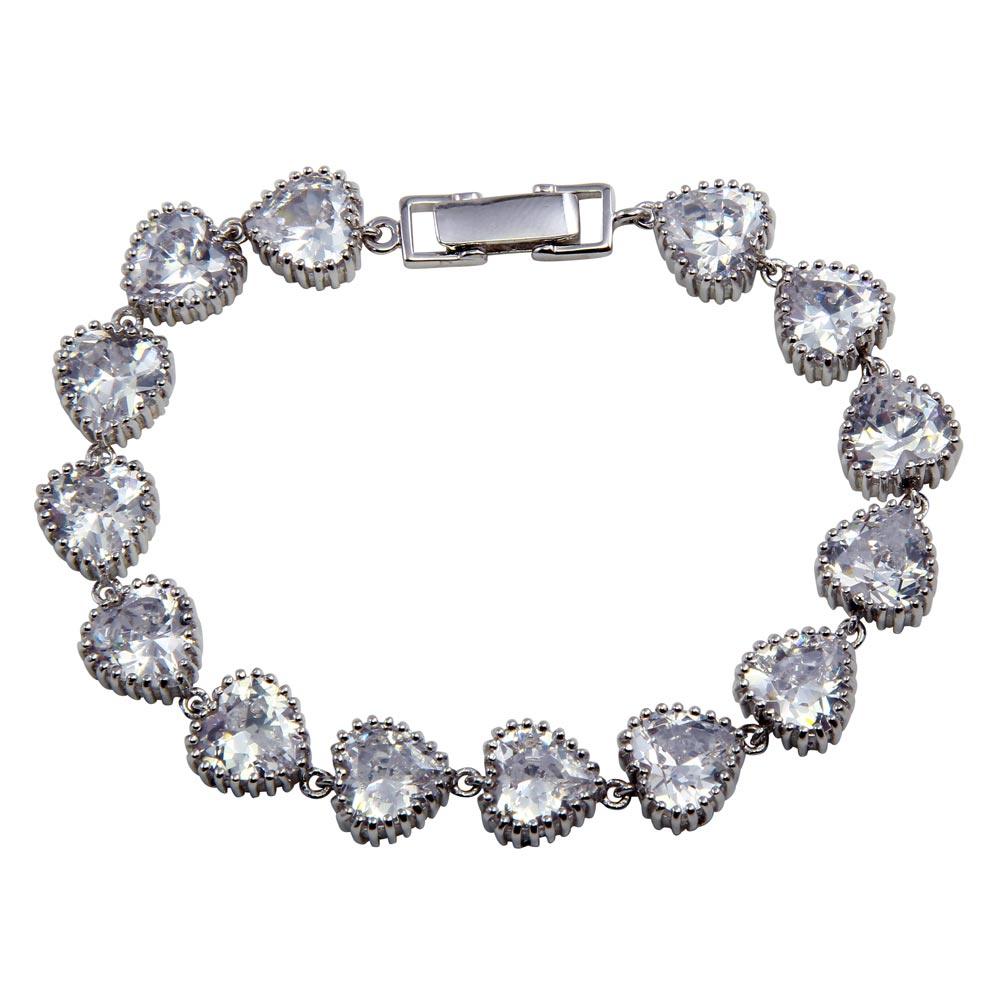 Closeout-Silver 925 Rhodium Plated Heart Clear CZ Bracelet - STB00279