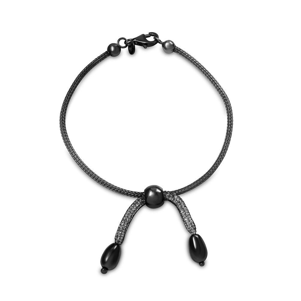 Silver 925 Black Rhodium Plated Italian Three Middle Beads Bracelet - ITB00073BLK