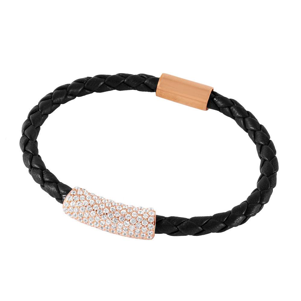 SIlver 925 Rose Gold Plated CZ Bar Italian Leather Bracelet - ITB00142RGP-BRN