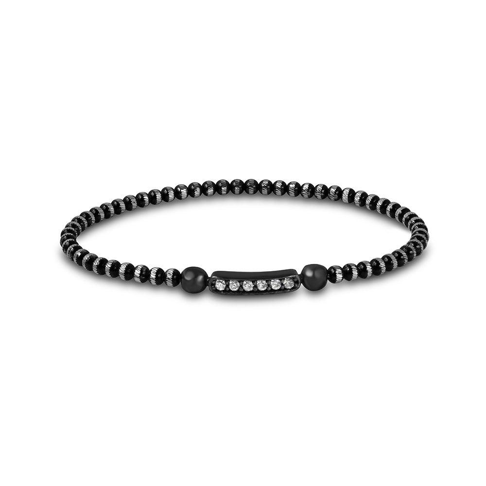 Silver 925 Black Rhodium Diamond Cut Bead Italian Bracelet with CZ Bar - ITB00159BLK