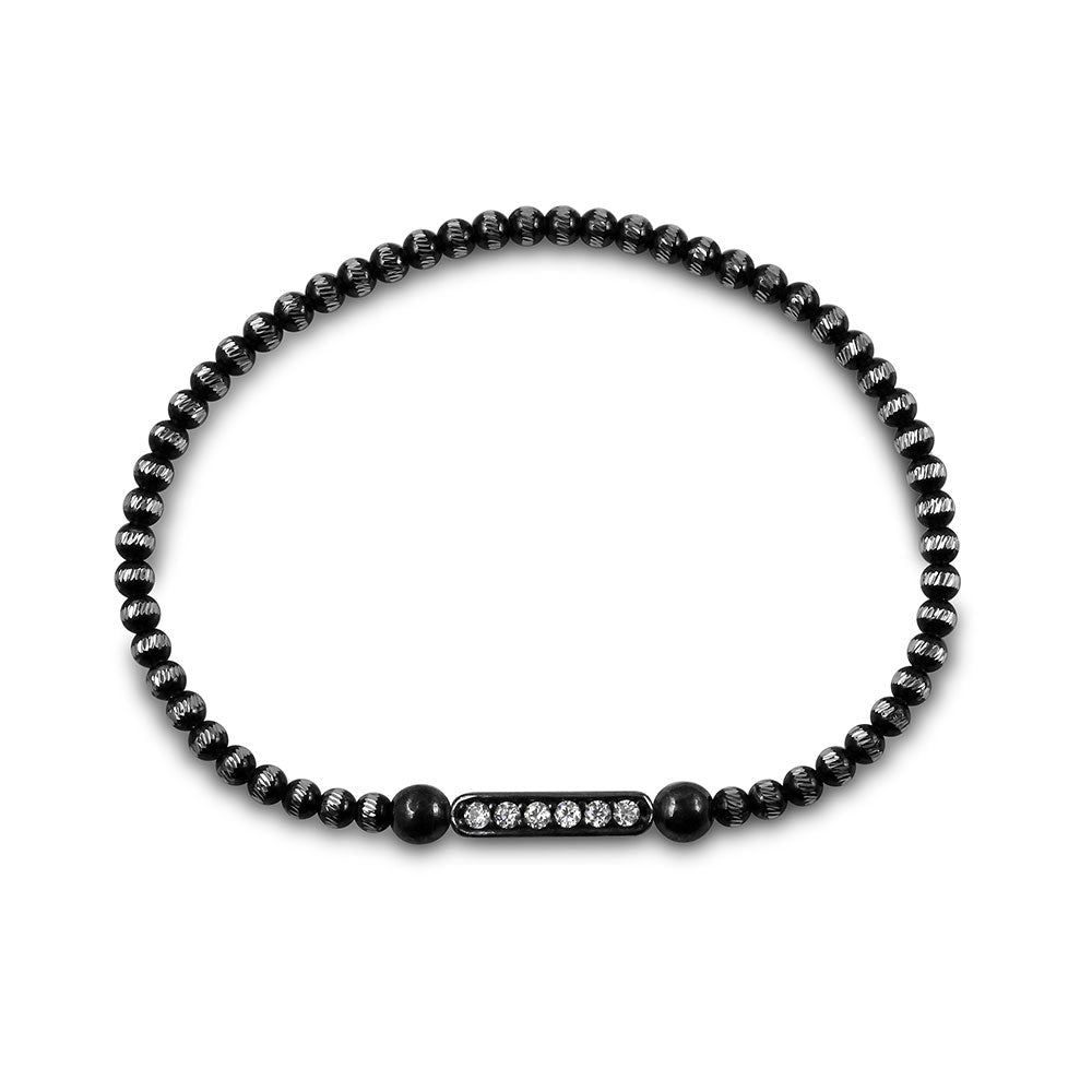 Silver 925 Black Rhodium Diamond Cut Bead Italian Bracelet with CZ Bar - ITB00159BLK