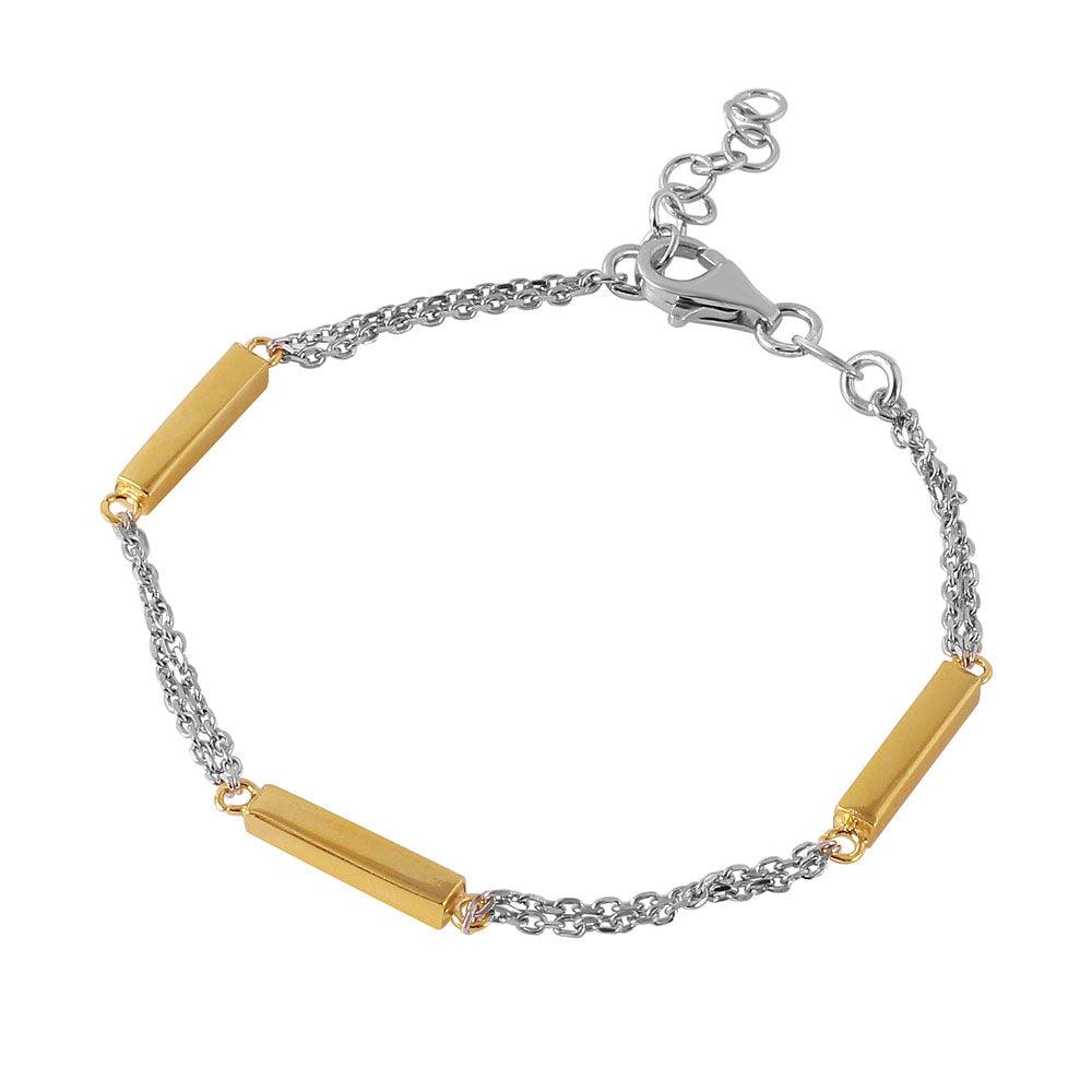 Silver 925 Rhodium Plated Chain with 3 Gold Plated Bars Italian Bracelet - ITB00163RH-GP