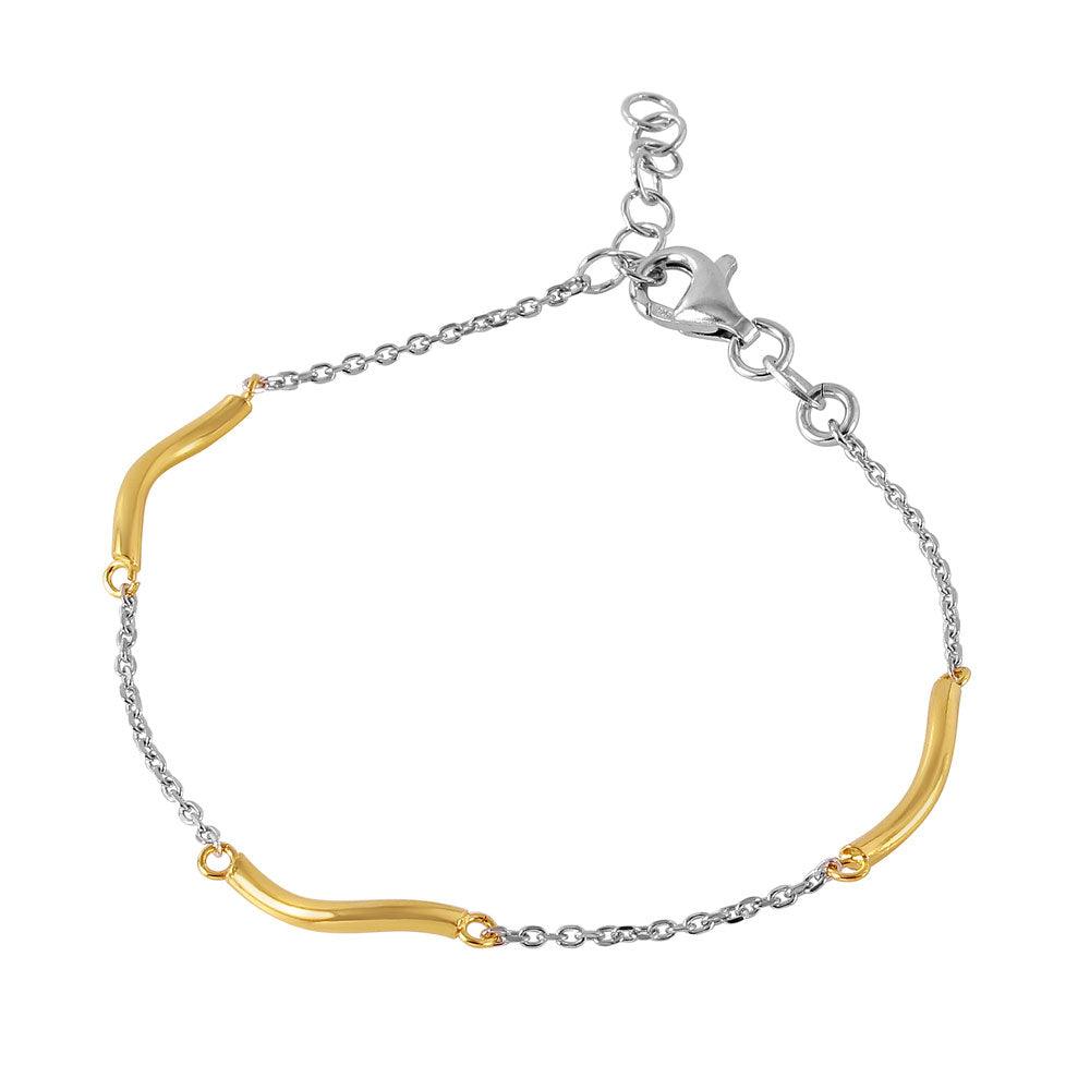 Silver 925 Rhodium Plated Chain with Gold Plated Curved Accents Italian Bracelet - ITB00165RH-GP