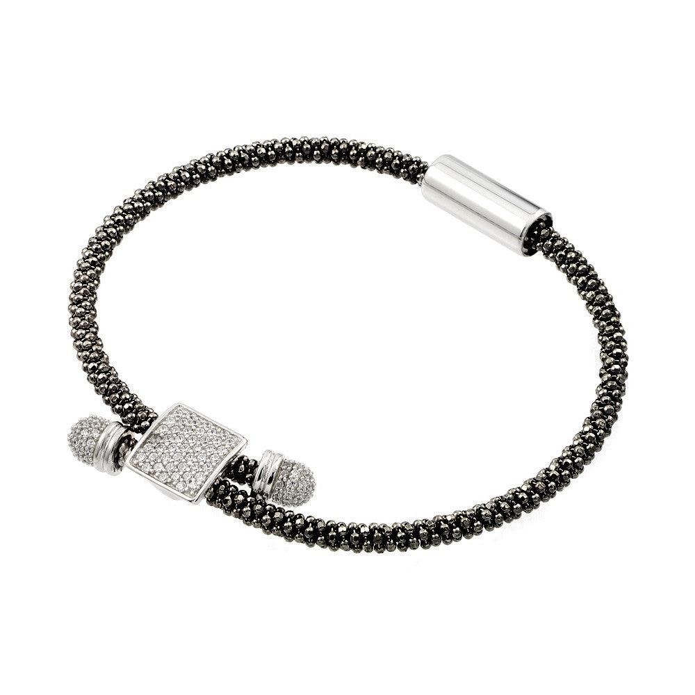 Silver 925 Rhodium and Black Rhodium Plated Square Micro Pave Clear CZ Beaded Italian Bracelet - ITB00169BLK