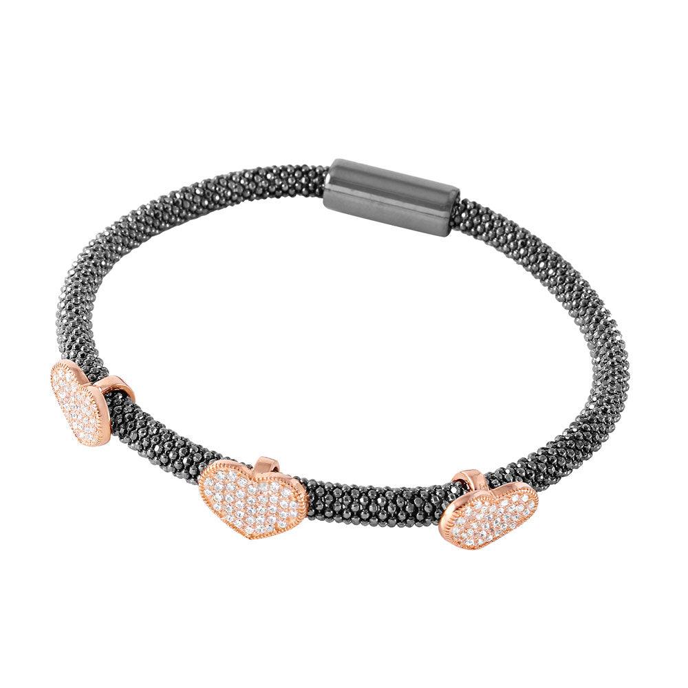 Silver 925 Rhodium and Black Rhodium Plated Heart Micro Pave Clear CZ Beaded Italian Bracelet - ITB00173BLK-RGP