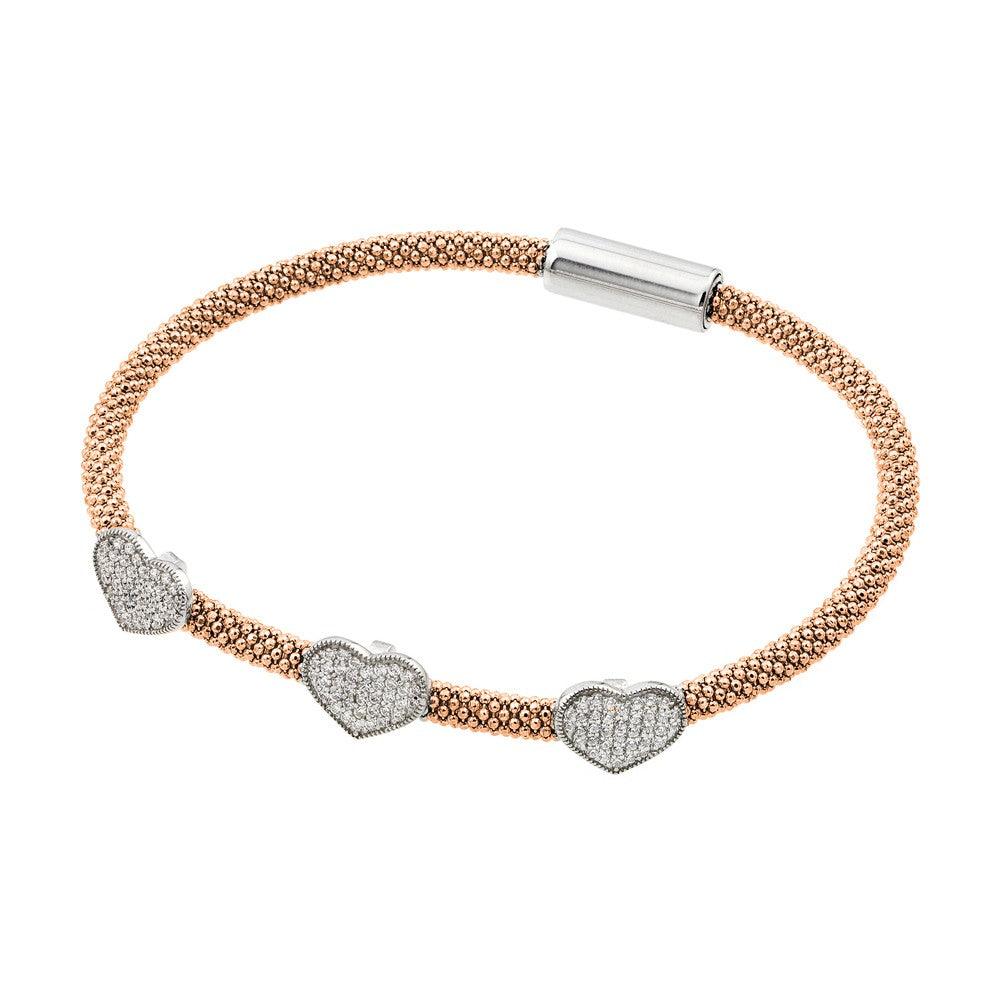 Silver 925 Rhodium and Rose Gold Plated Heart Micro Pave Clear CZ Beaded Italian Bracelet - ITB00173RGP