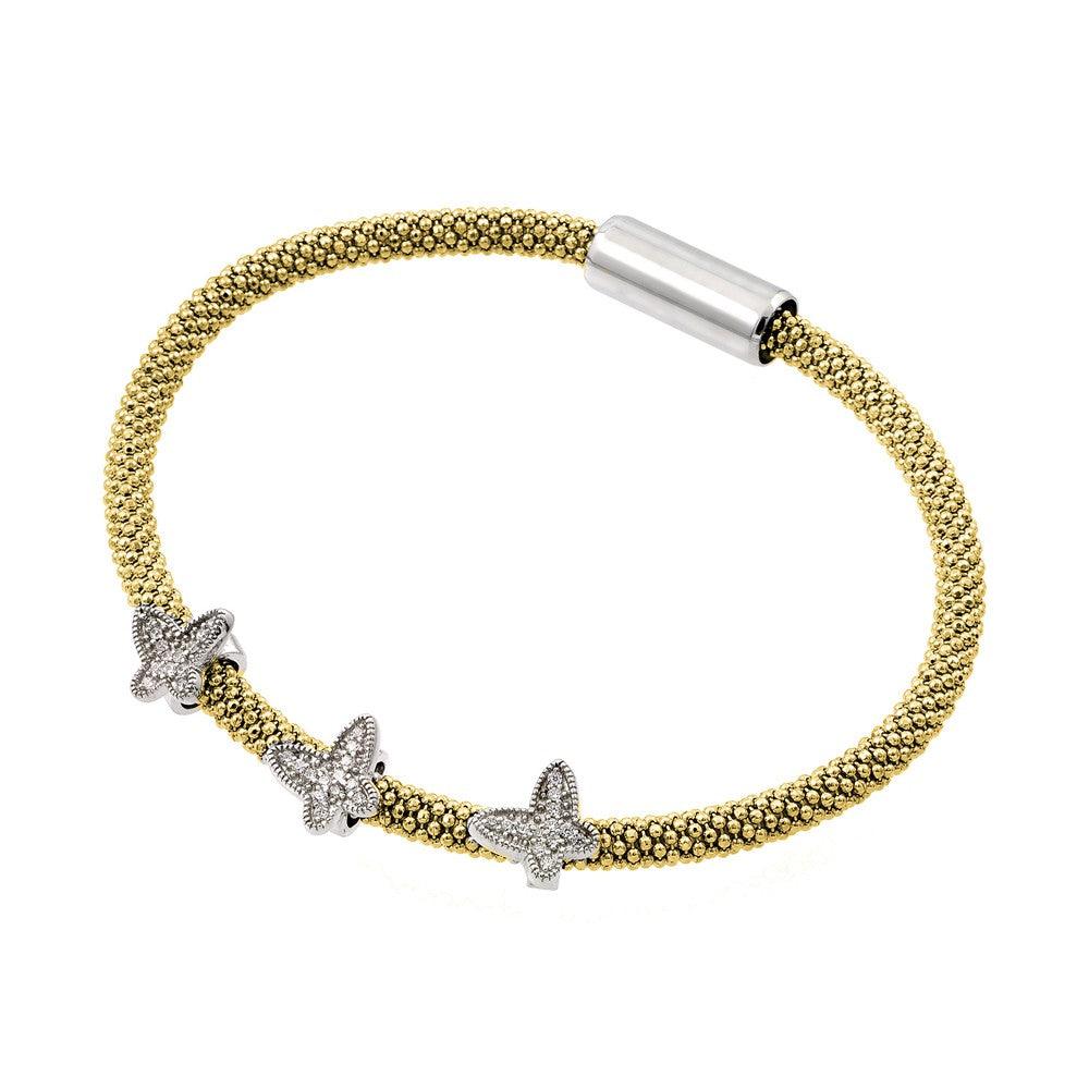 Silver 925 Rhodium and Gold Plated Butterfly Micro Pave Clear CZ Beaded Italian Bracelet - ITB00176GP