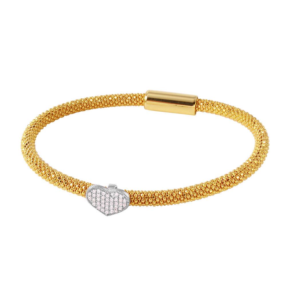 Closeout-Silver 925 Gold Plated Bracelet With Rhodium Plated Heart and CZ Accents - ITB00177GP-RH