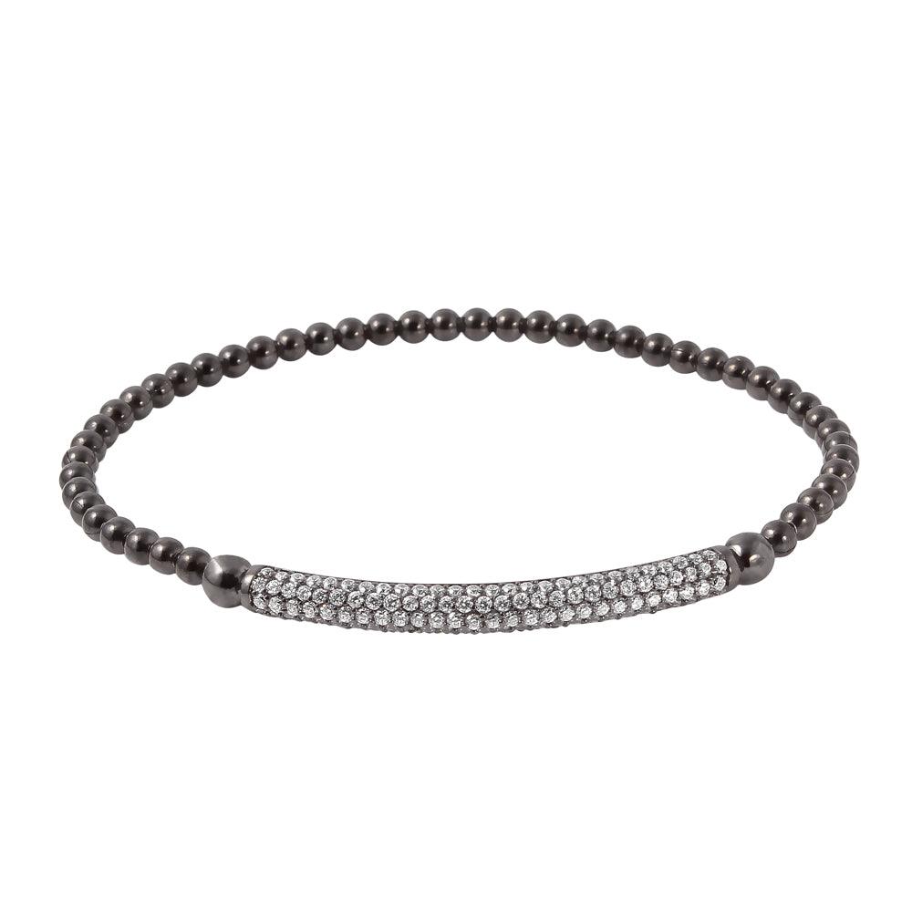 Closeout-Silver 925 Black Rhodium Plated CZ Bar Beaded Italian Bracelet - ITB00194BLK