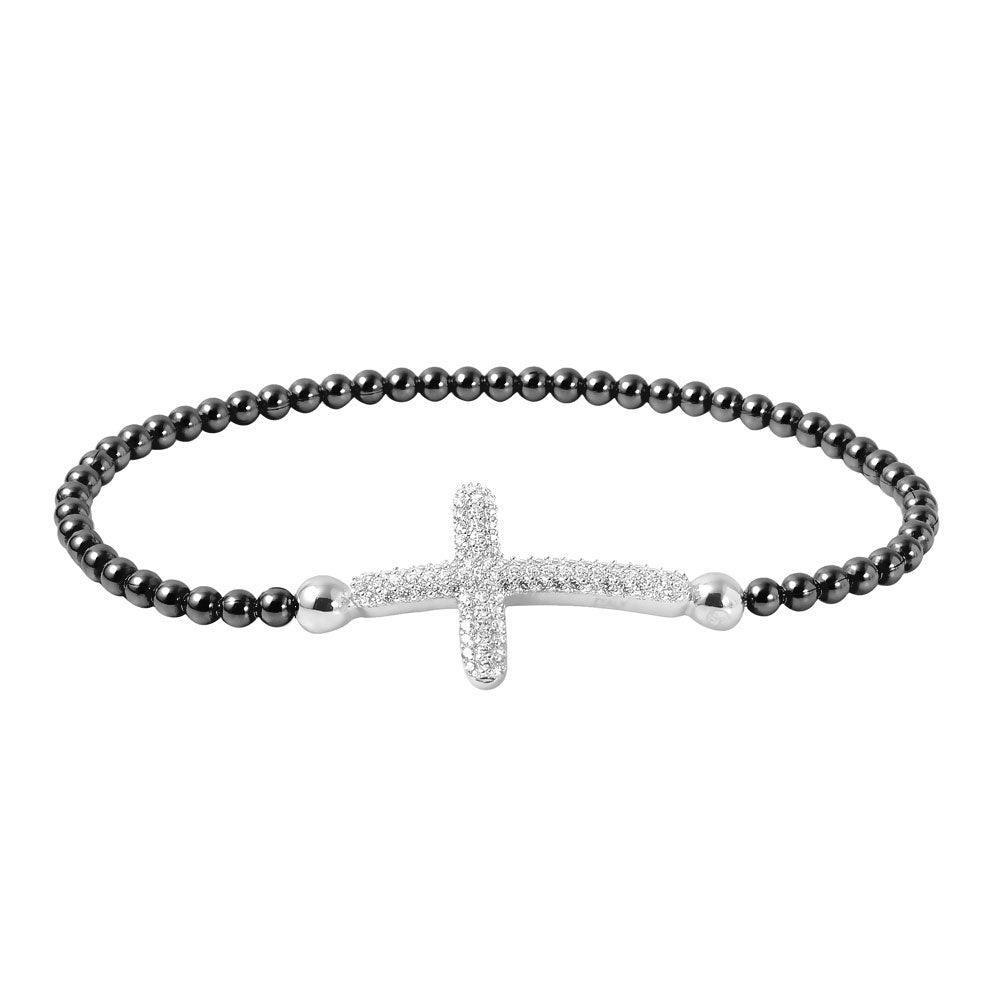 Closeout-Silver 925 Black Rhodium Plated Beaded Italian Bracelet with CZ Encrusted Cross - ITB00195BLK-RH