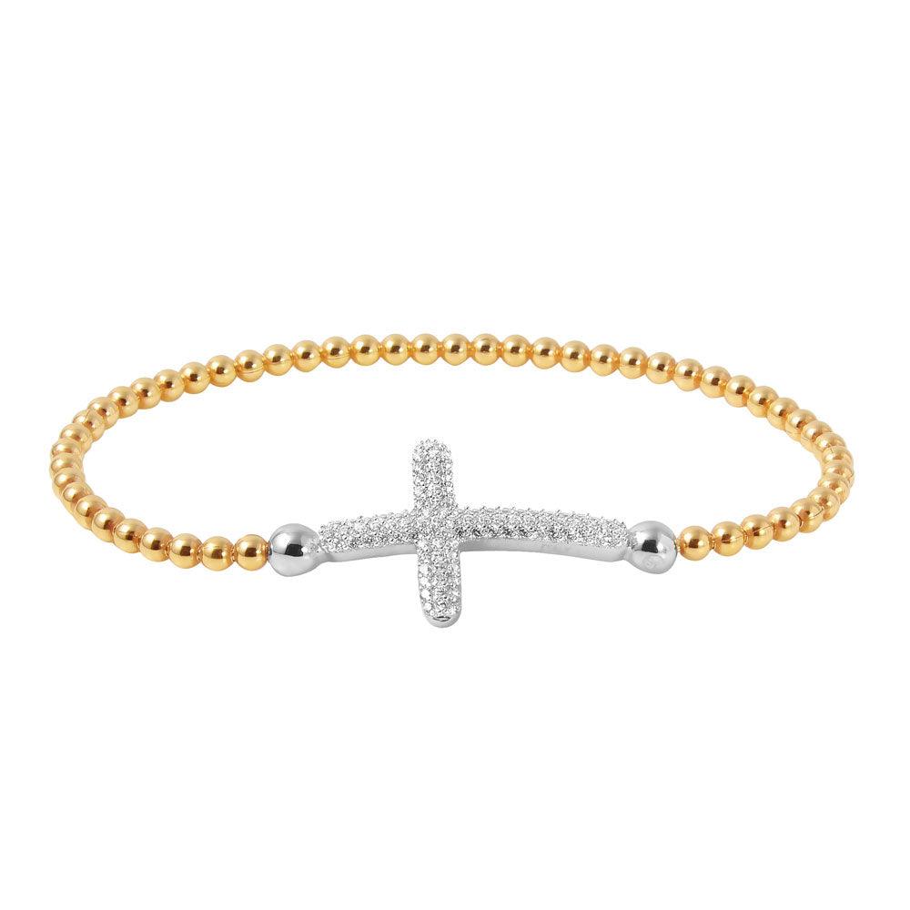 Closeout-Silver 925 Gold Plated Beaded Italian Bracelet with CZ Encrusted Cross - ITB00195GP-RH