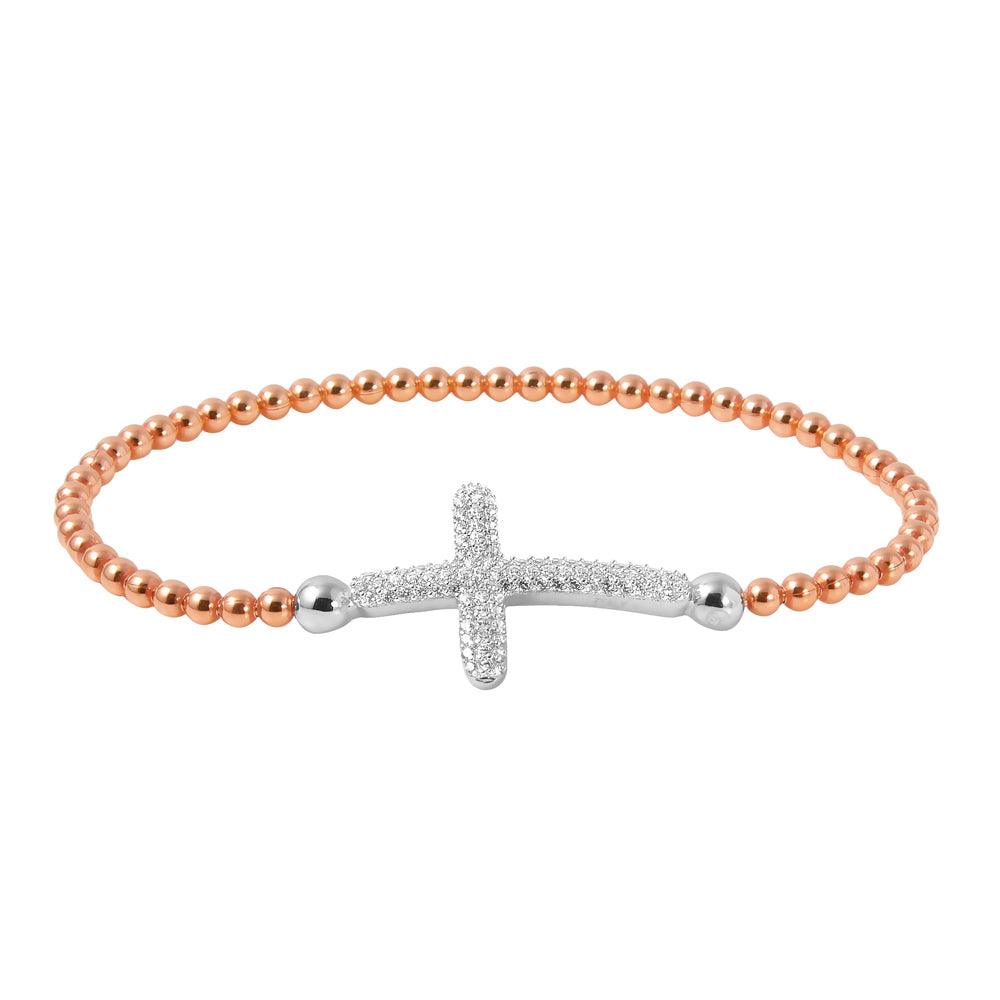 Closeout-ilver 925 Rose Gold Plated Beaded Italian Bracelet with CZ Encrusted Cross - ITB00195RGP-RH