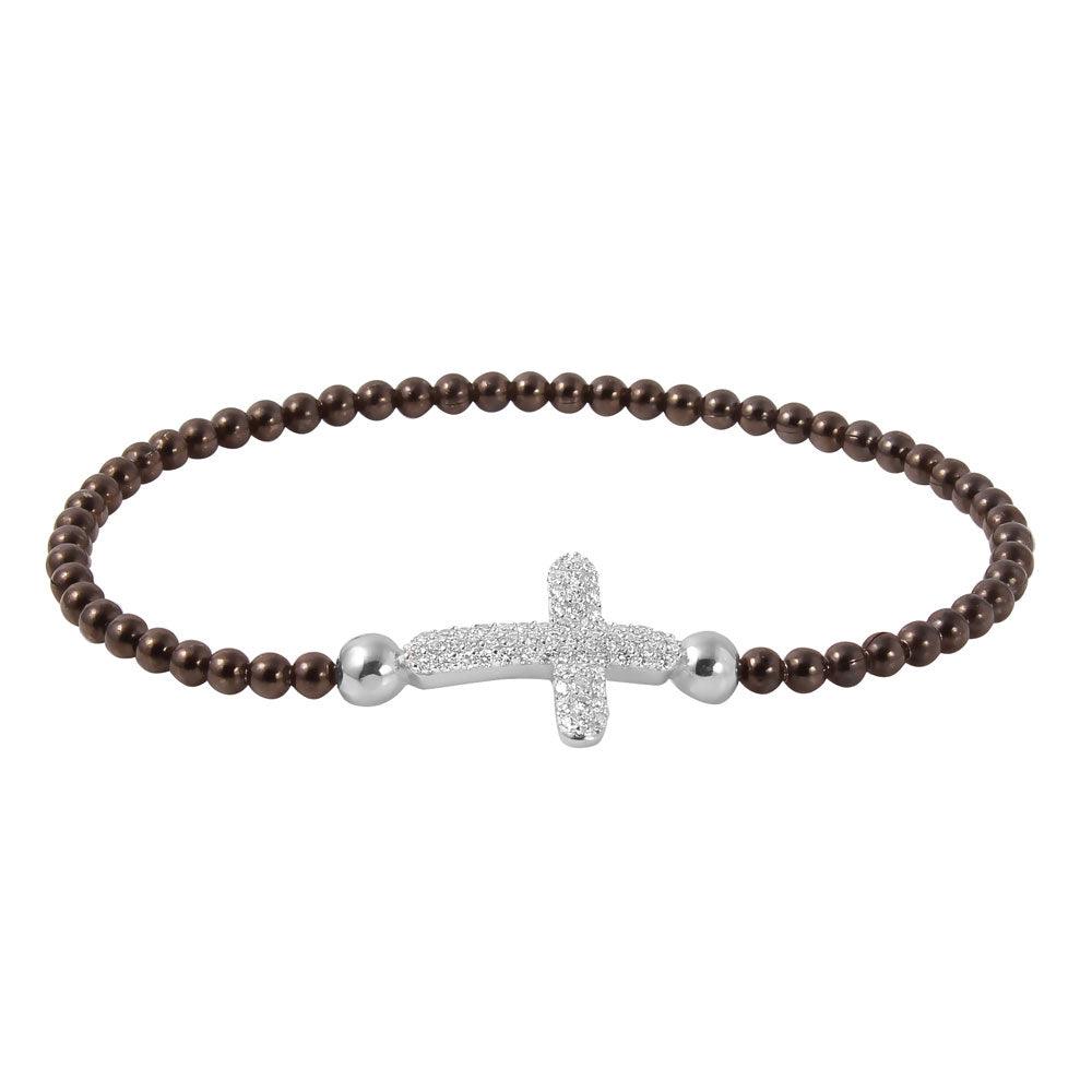 Closeout-Silver 925 Black Rhodium Plated Beaded Italian Bracelet With CZ Encrusted Cross - ITB00196BLK