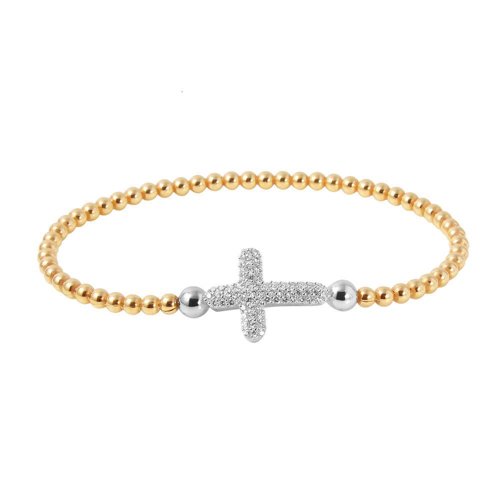 Closeout-Silver 925 Gold Plated Beaded Italian Bracelet with CZ Encrusted Cross - ITB00196GP-RH