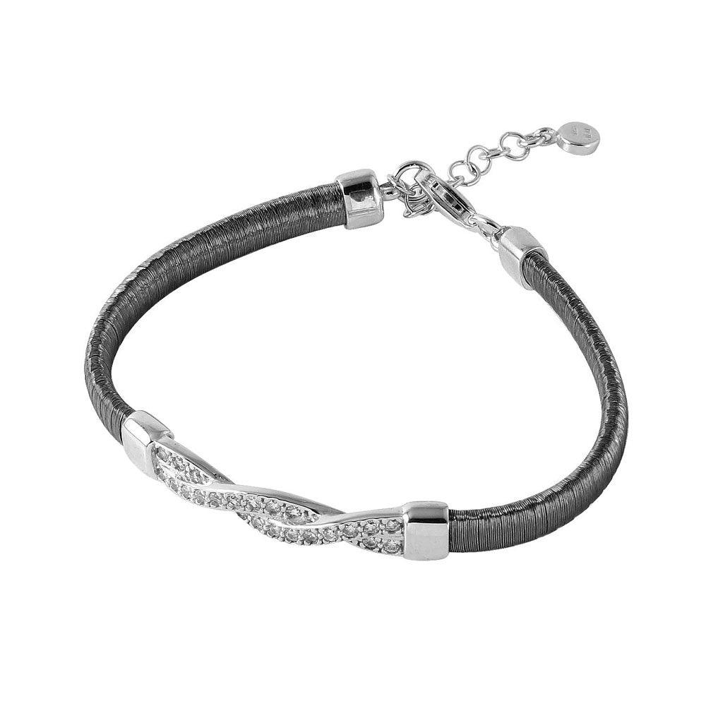 Closeout-Silver 925 Black Rhodium Plated Italian Bracelet with Twisted CZ Inlay Accent - ITB00211BLK-RH