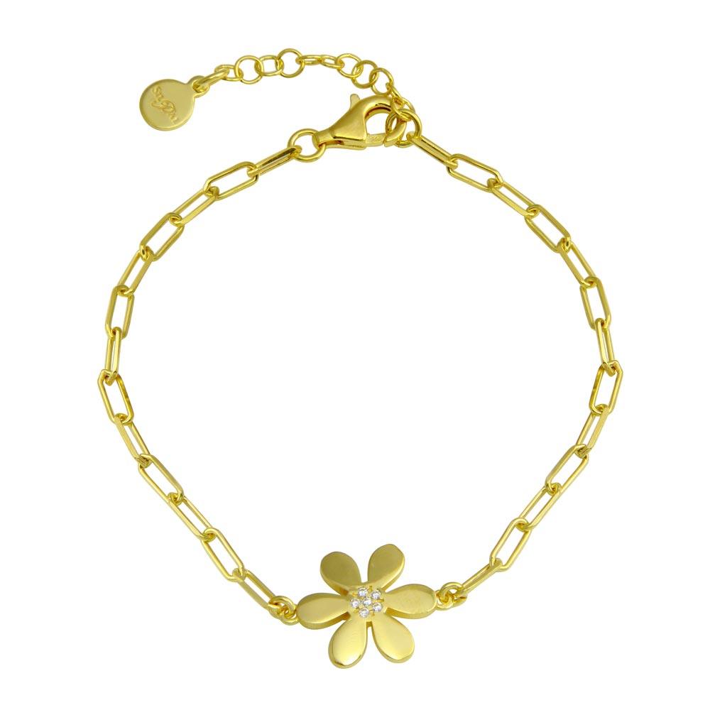 Gold Plated 925 Sterling Silver Paperclip Flower CZ Chain Bracelet - ITB00325-GP