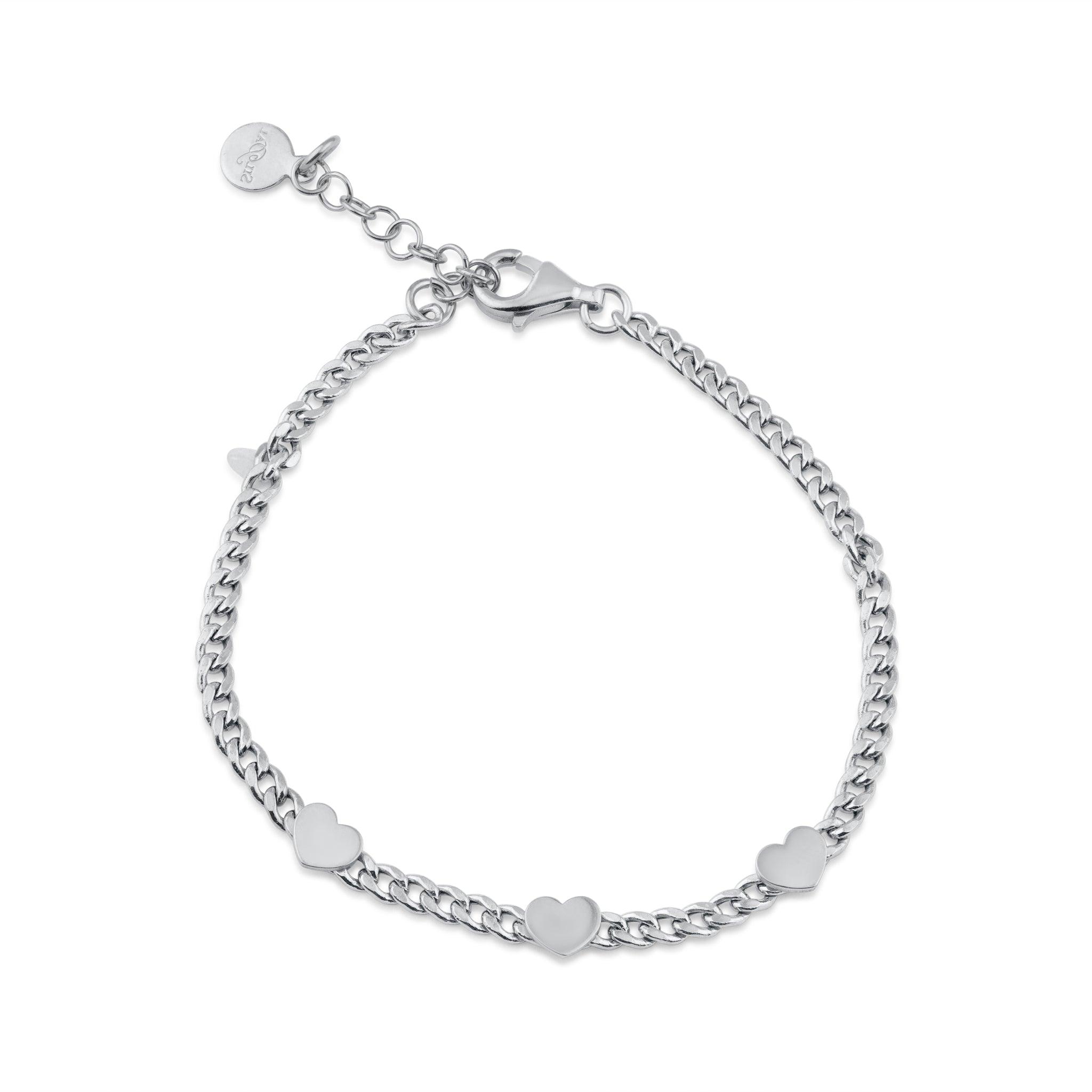 Rhodium Plated 925 Sterling Silver 3 Hearts Charm Adjustable Curb Chain Bracelet - ITB00326-RH