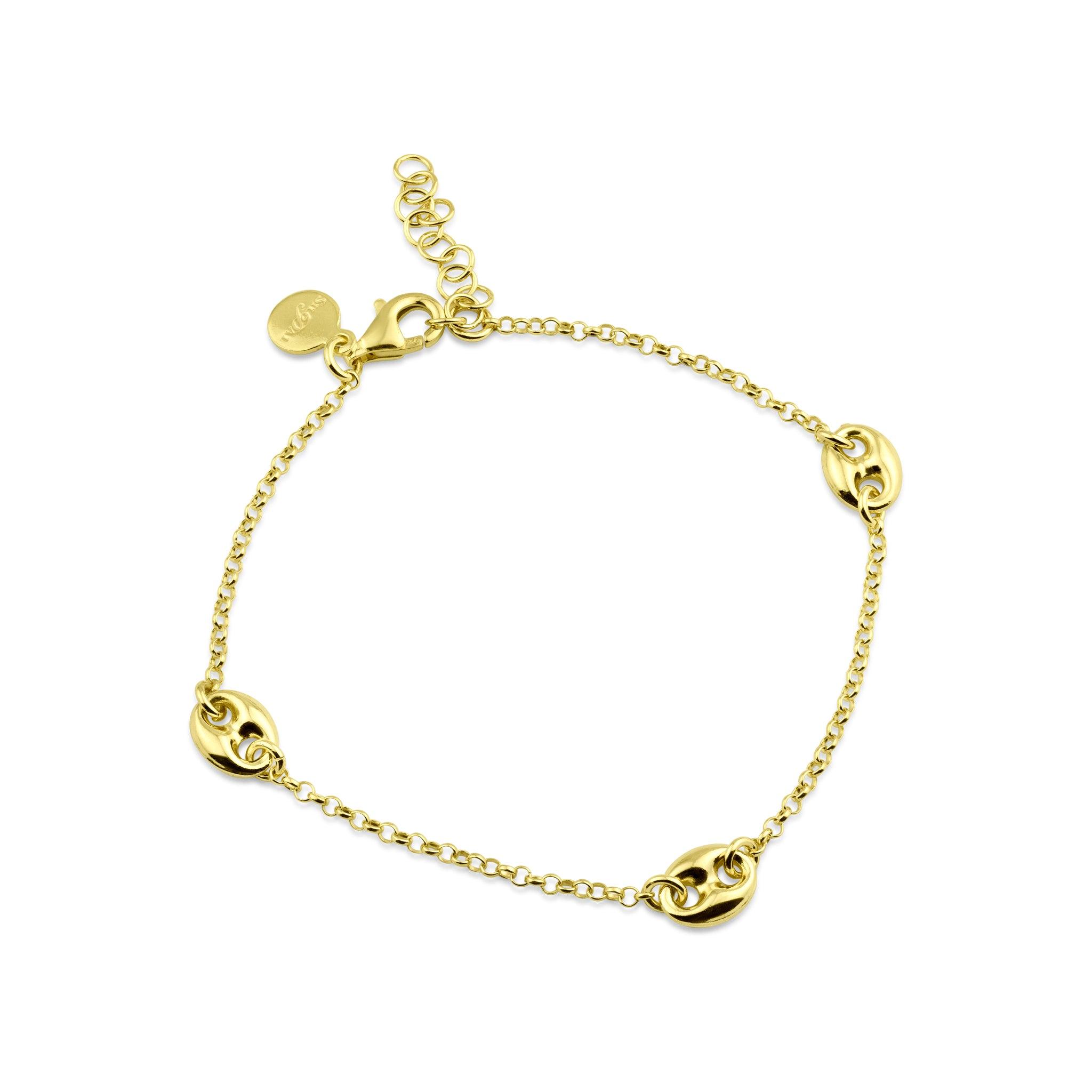 Gold Plated 925 Sterling Silver Puffed Mariner Charm Lariat Bracelet - ITB00328-GP