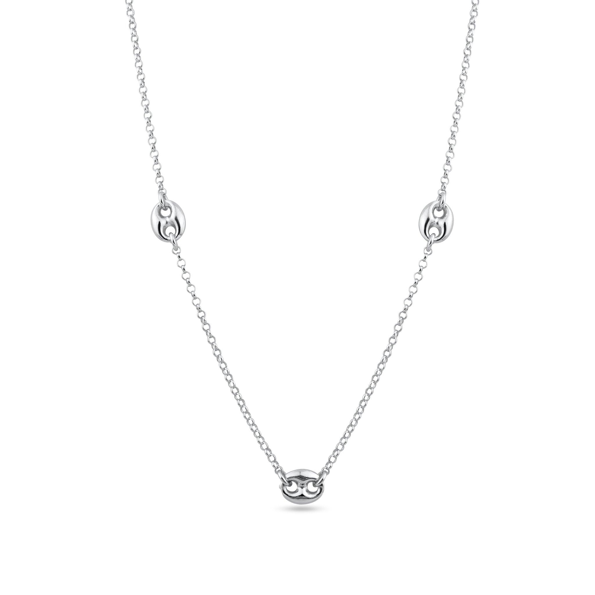 Rhodium Plated 925 Sterling Silver 3 Puffed Mariner Adjustable Link Necklace - ITN00158-RH