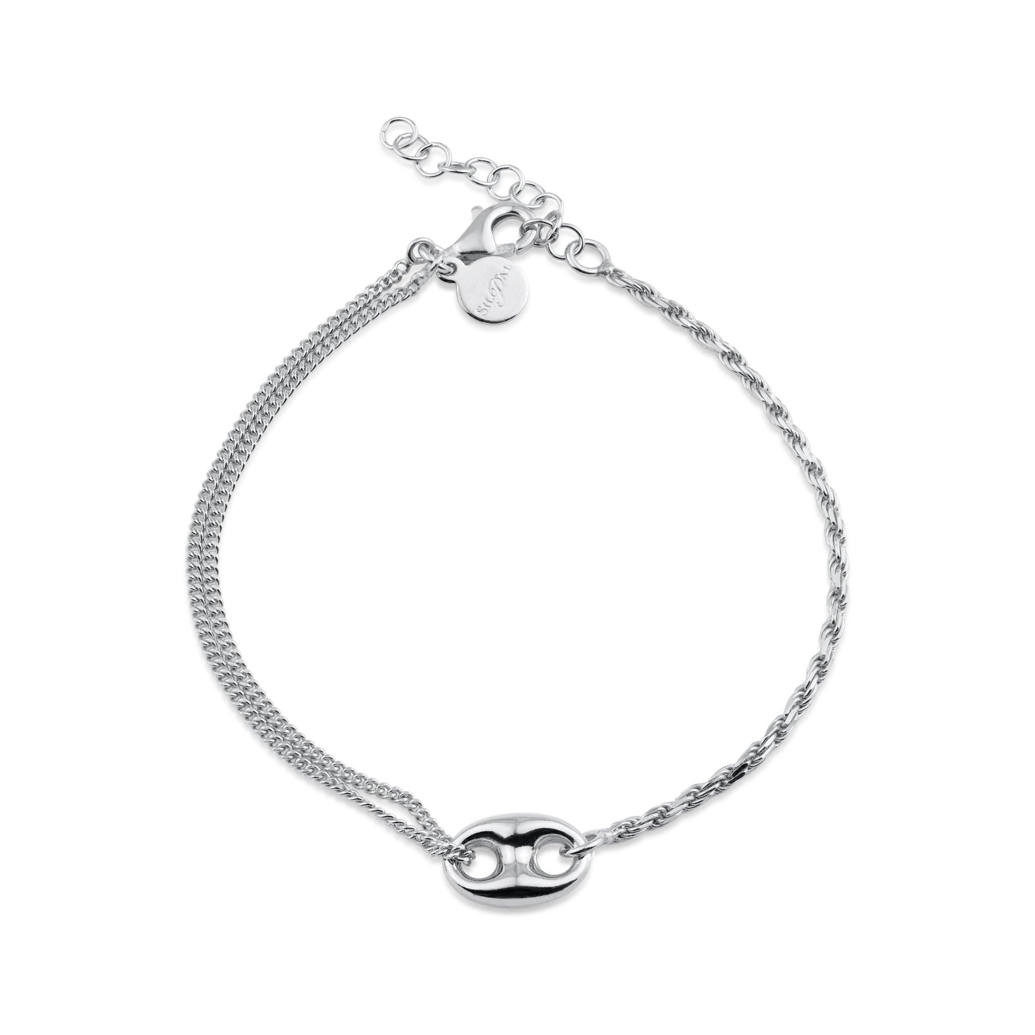 Rhodium Plated 925 Sterling Silver Puffed Mariner Charm Double Strand Curb and Rope Adjustable Bracelet - ITB00330-RH