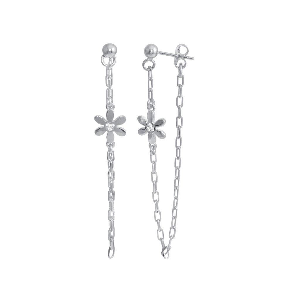 Rhodium Plated 925 Sterling Silver Dangling Flower CZ Earring - ITE00087-RH