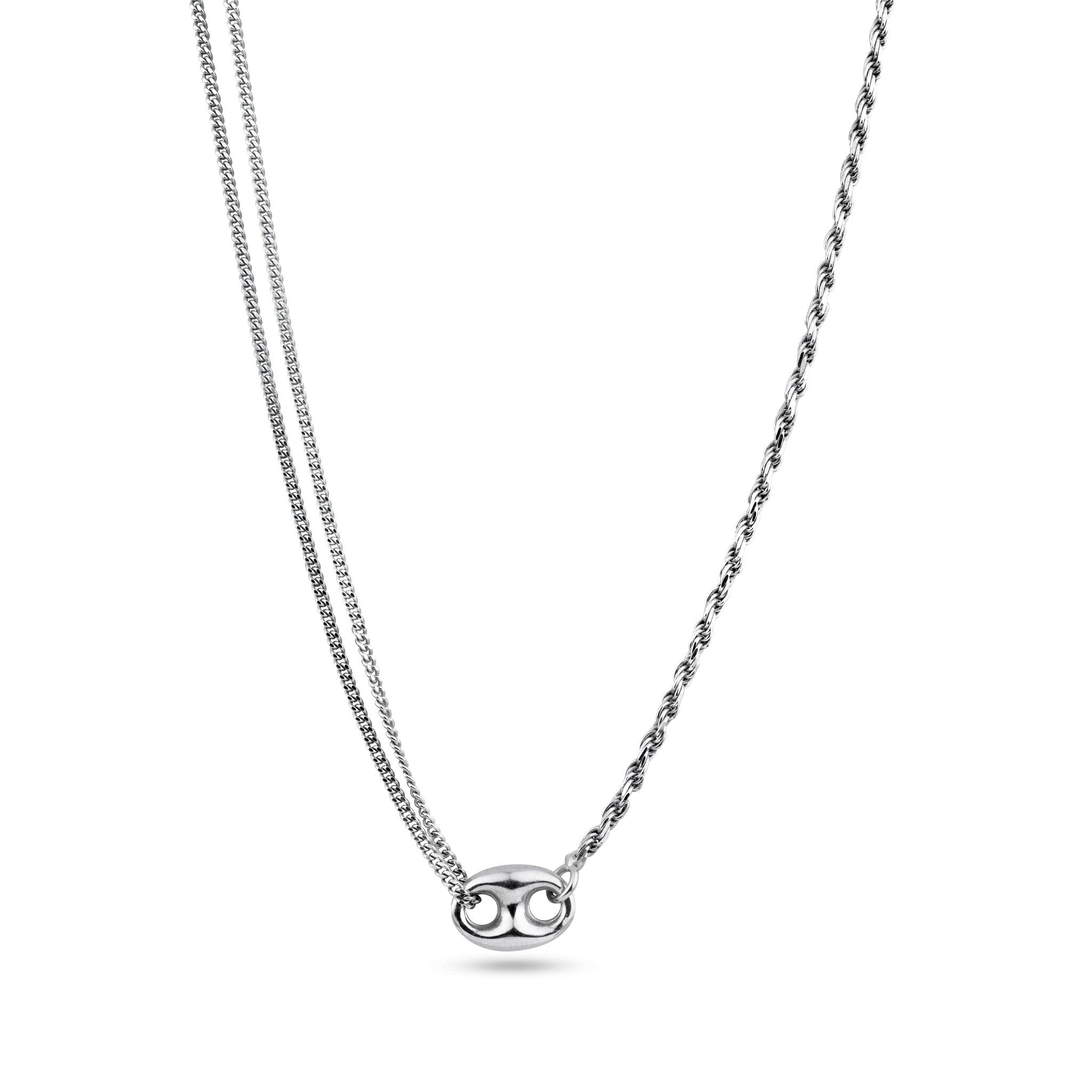 Rhodium Plated 925 Sterling Silver Puffed Mariner Double Strand Curb and Rope Adjustable Link Necklace - ITN00159-RH