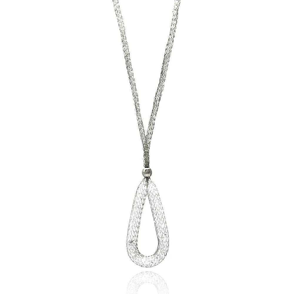 Rhodium Plated 925 Sterling Silver Mesh Necklace and Dropped Mesh Teardrop with Filled CZ - ITN00077RH