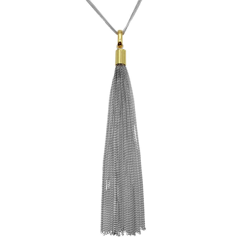 Gold Plated 925 Sterling Silver Double Strand Chain with Dangling Tassel - ITN00102RH-GP