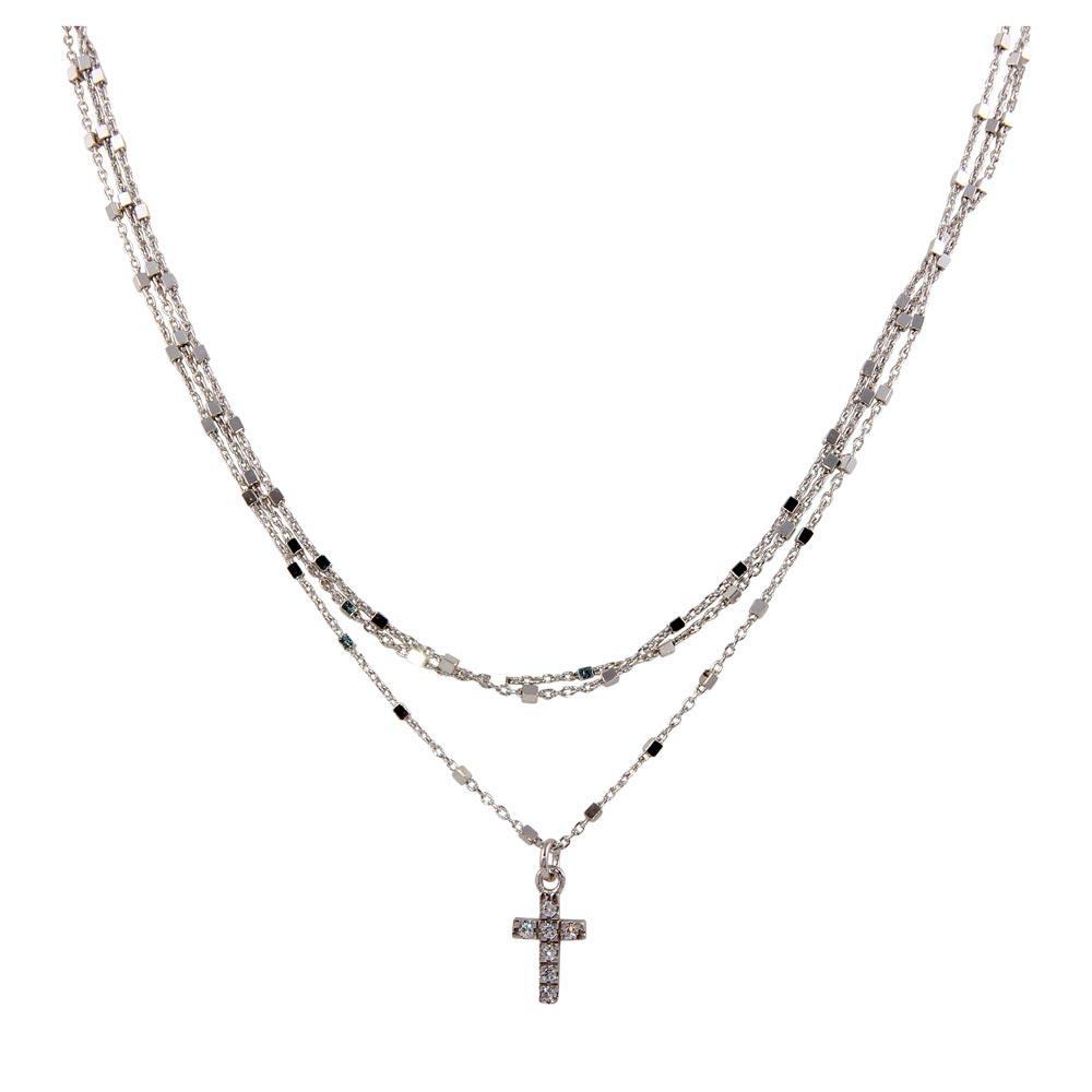 Rhodium Plated 925 Sterling Silver Triple Chain Cross Necklace with Beads and CZ - ITN00122RH