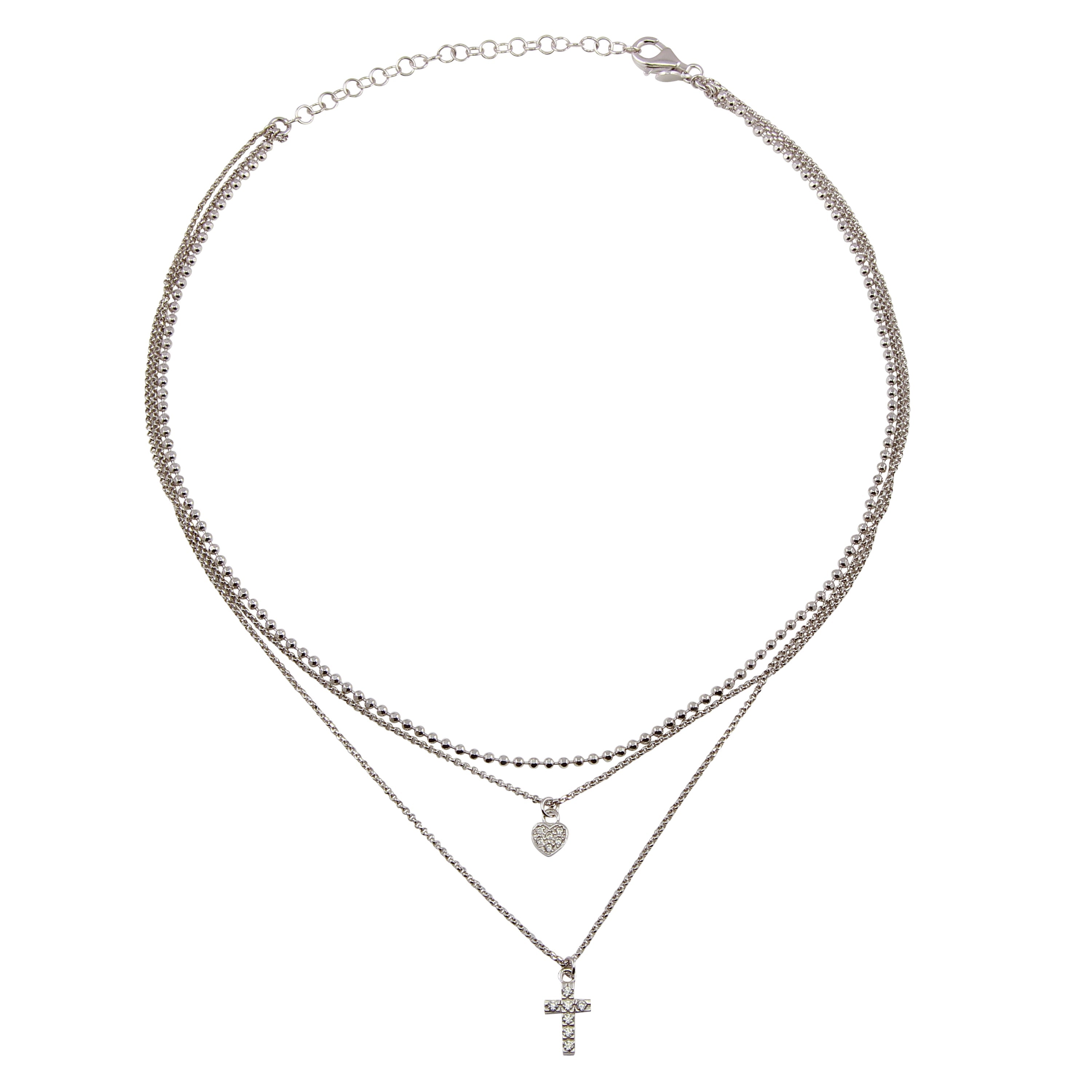 Rhodium Plated 925 Sterling Silver Triple Beaded Chain CZ Heart, Cross Necklace - ITN00123RH