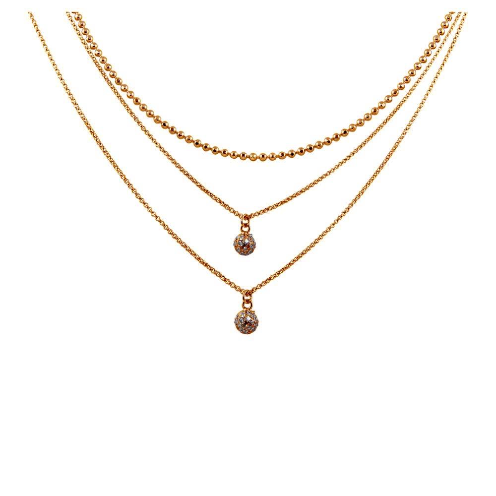 Rose Gold Plated 925 Sterling Silver Triple Chain with 2 Small CZ Pendants - ITN00124RGP