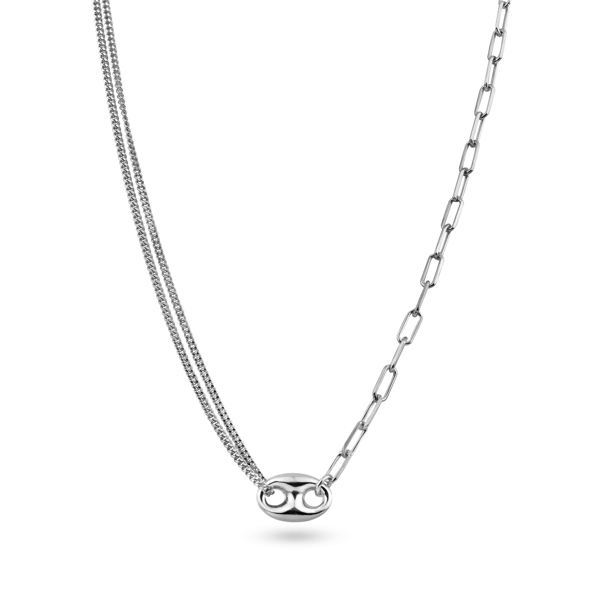 Rhodium Plated 925 Sterling Silver Puffed Mariner Double Strand Curb and Single Paperclip Adjustable Link Necklace - ITN00157-RH