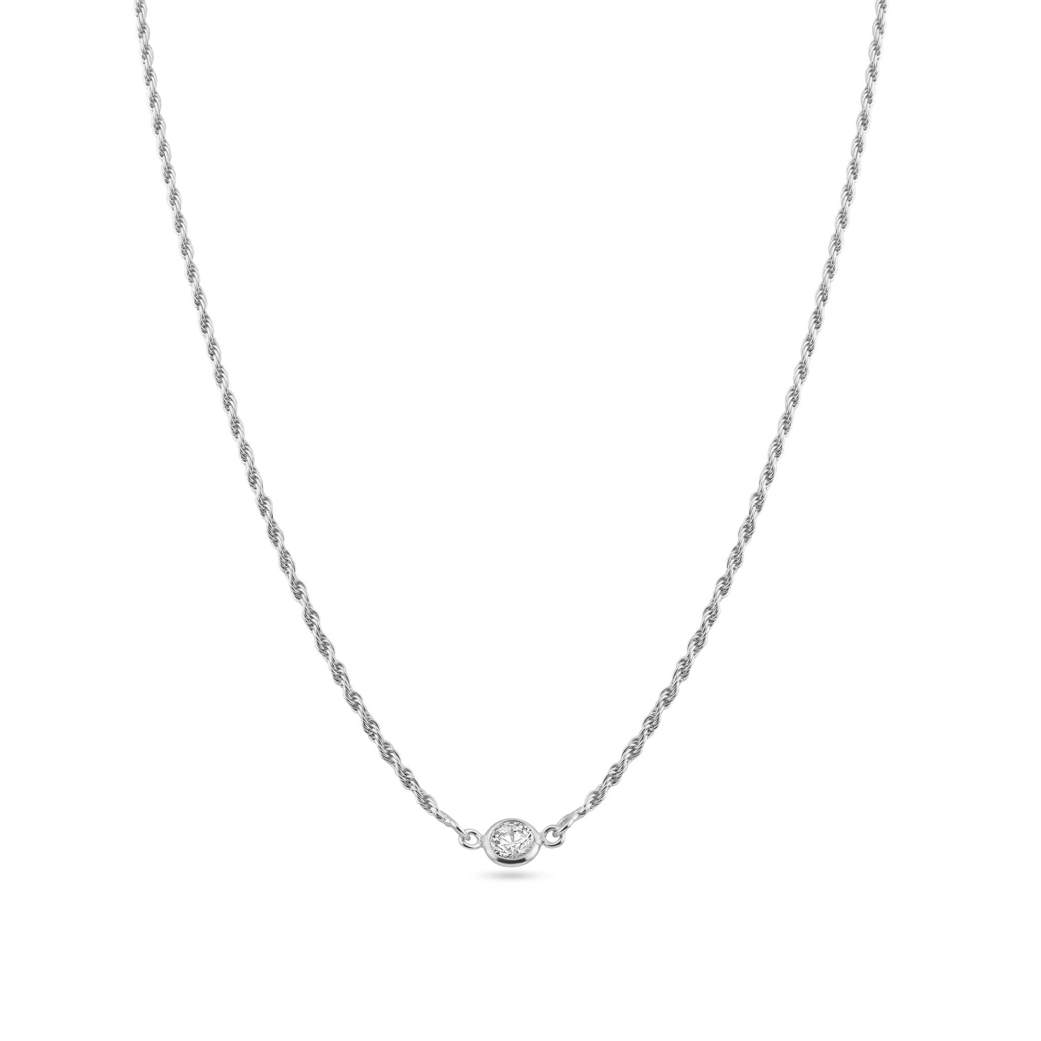 Rhodium Plated 925 Sterling Silver Rope Clear CZ Adjustable Link Necklace - ITN00160-RH