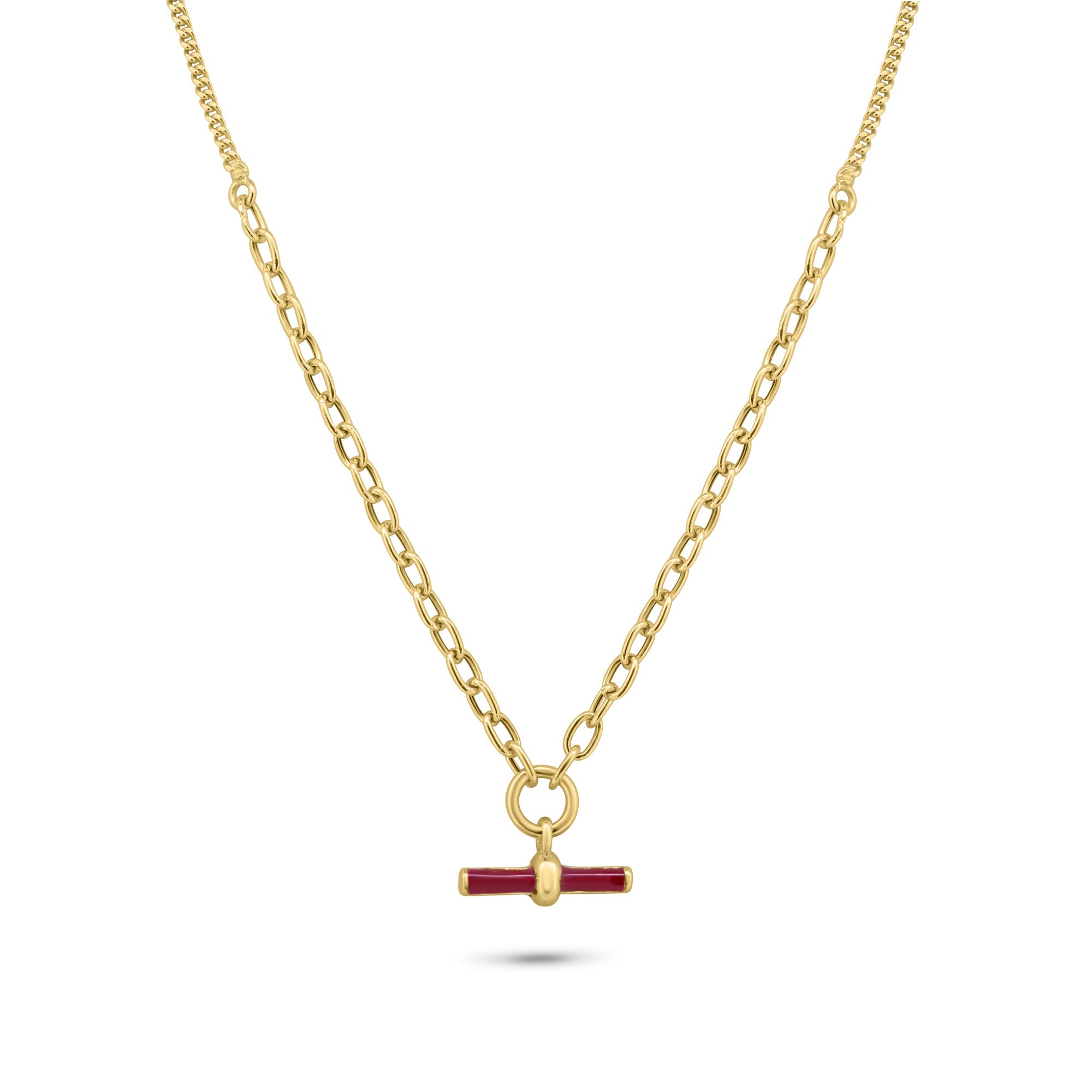 Gold Plated 925 Sterling Silver Curb Rolo Adjustable Enamel Red Bar Necklace - ITN00168-GP