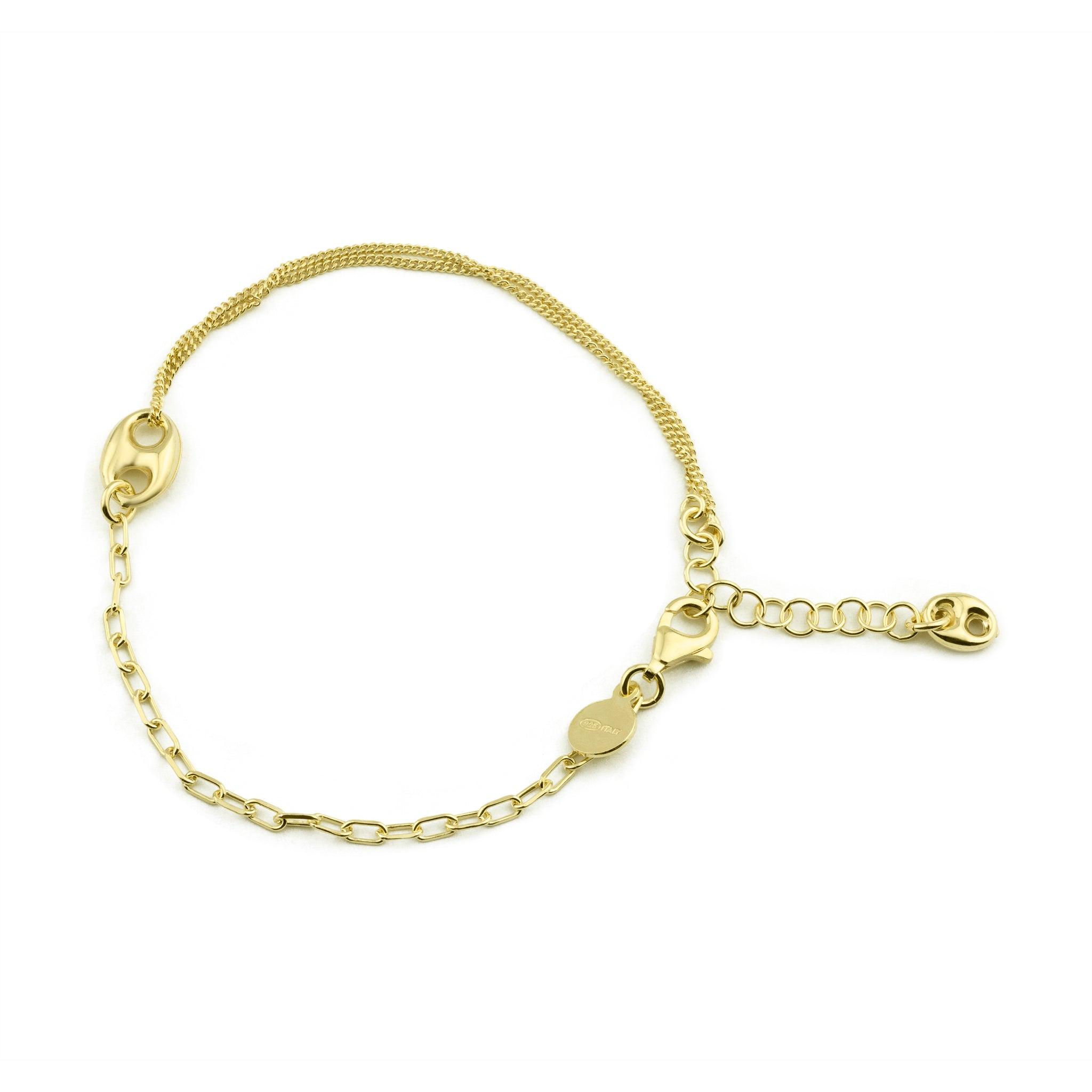 Gold Plated 925 Sterling Silver Puffed Mariner Charm Double Strand Curb and Paperclip Adjustable Bracelet - ITB00329-GP