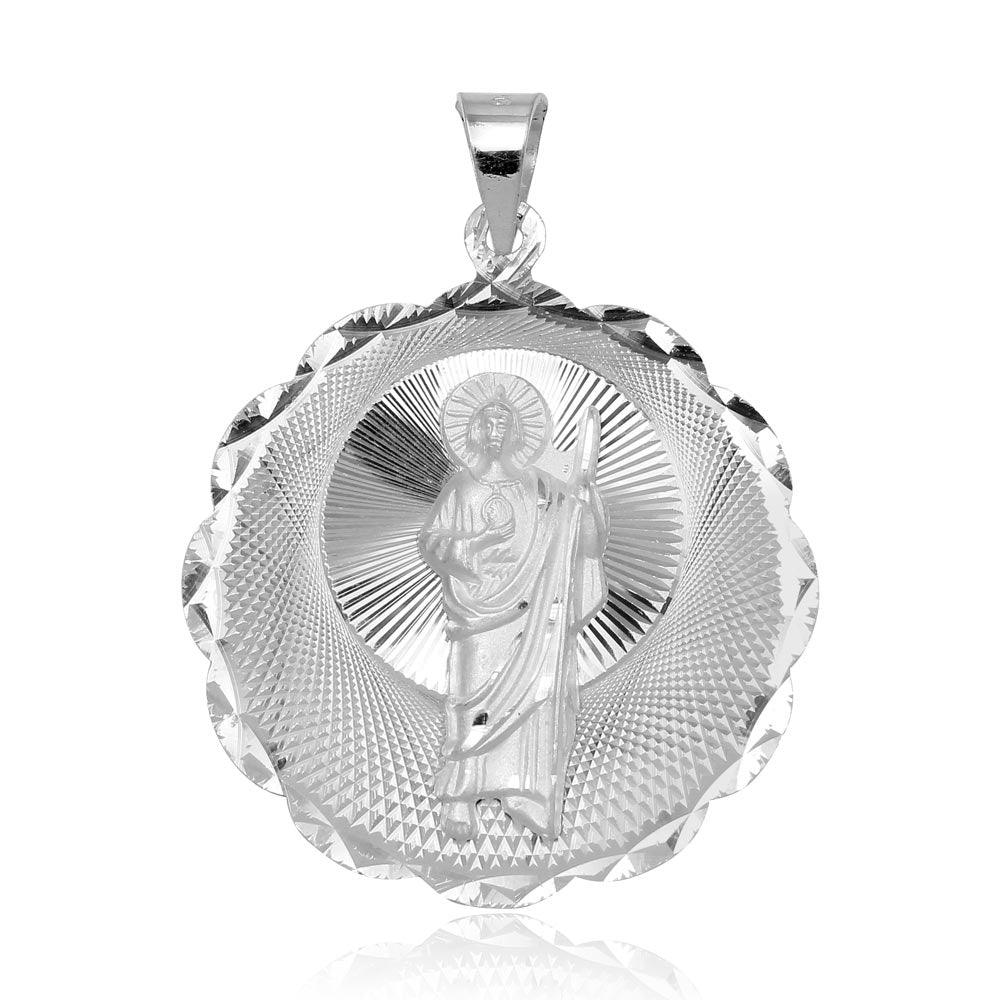 High Polished 925 Sterling Silver DC Wavy Edge Round St. Jude Medallion Pendant - JCA098-5