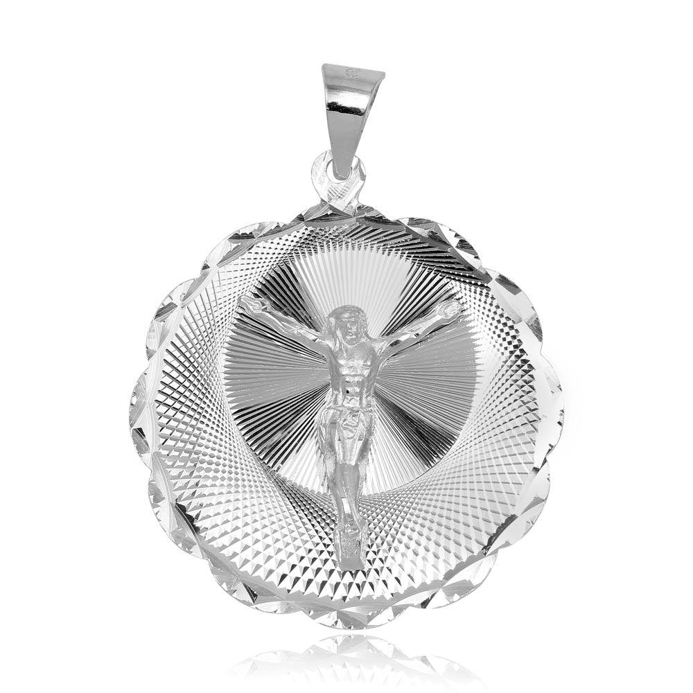 High Polished 925 Sterling Silver DC Wavy Edge Round Crucifix Medallion Pendant - JCA098-6