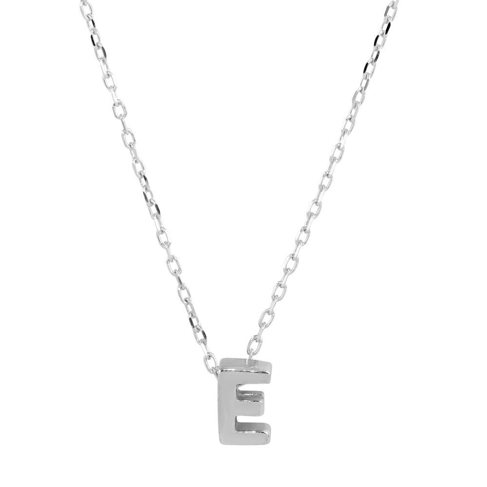 Rhodium Plated 925 Sterling Silver Small Initial E Necklace - JCP00001-E