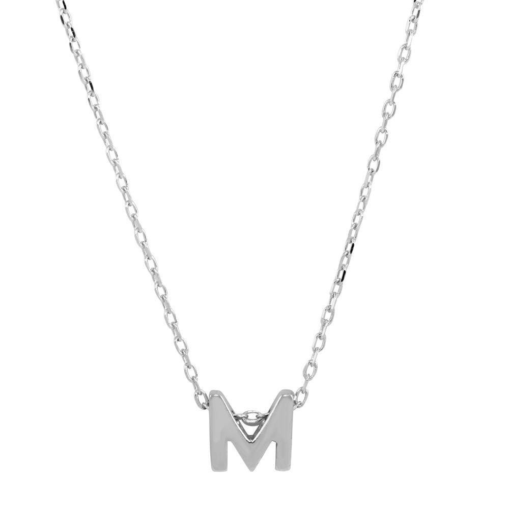 Rhodium Plated 925 Sterling Silver Small Initial M Necklace - JCP00001-M